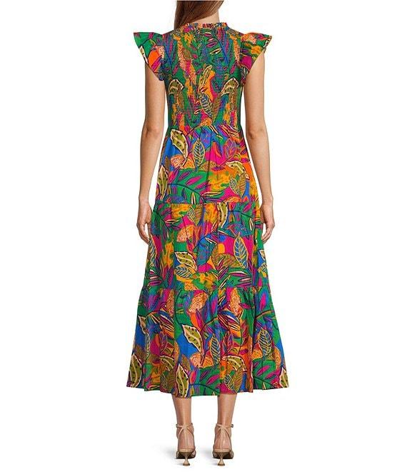 Sugarlips V-Neck Tropical Multi Sunfire Sleeveless Smocked Bodice Midi Dress Product Image