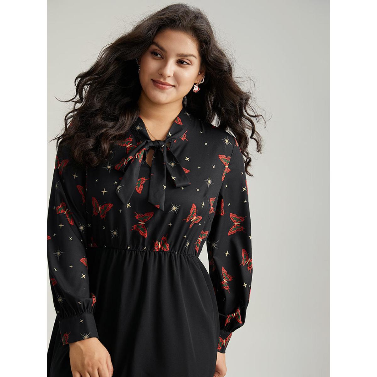 Plus Size Christmas Butterfly Patchwork Tie Neck Dress Black Women Office Cross straps Tie Neck Long Sleeve Curvy Midi Dress BloomChic 28/5X Product Image