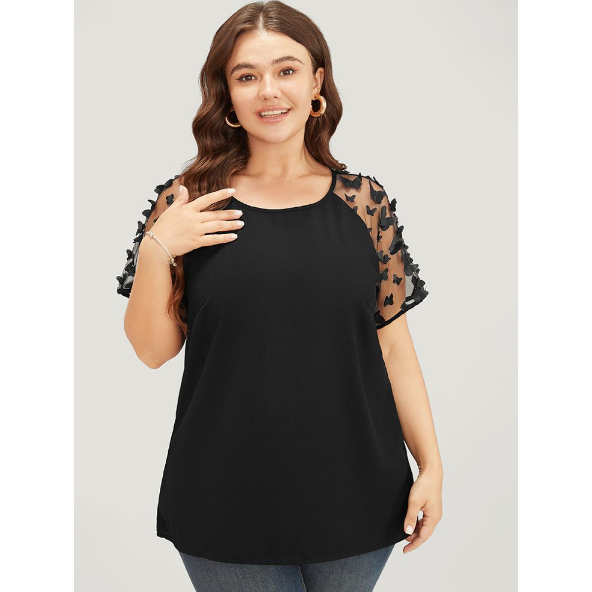 Plus Size Black Plain Butterfly Appliques Mesh Raglan Sleeve Blouse Women Party Short sleeve Round Neck Dailywear Blouses BloomChic 10/M Product Image