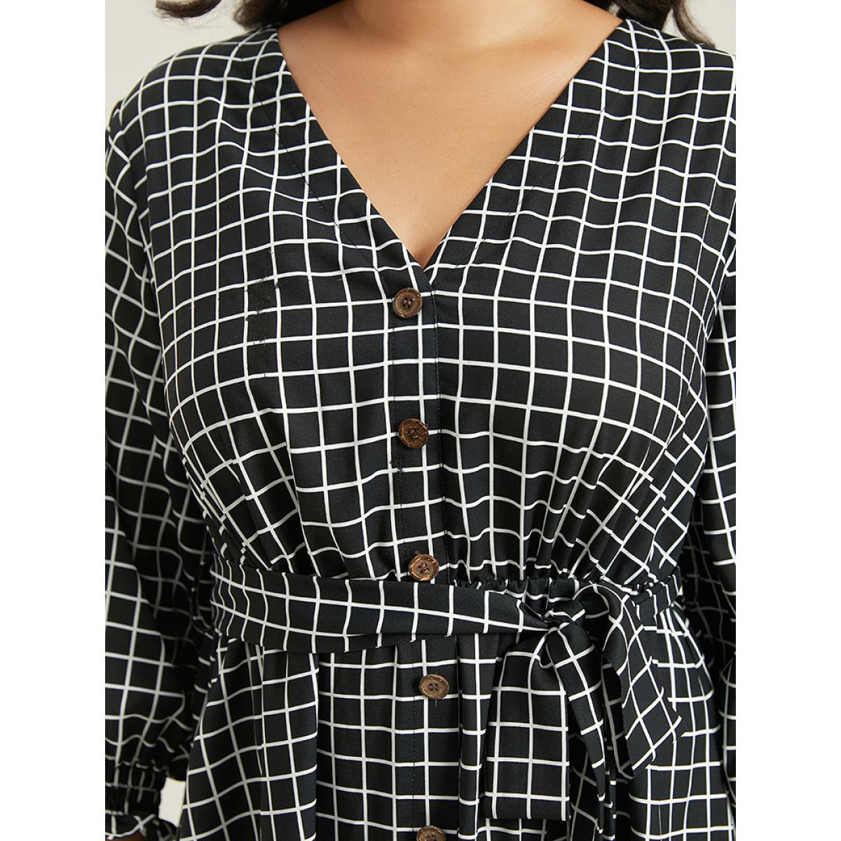 Plus Size Gingham Button Detail Pocket Lantern Sleeve Dress Black Women At the Office Belted V-neck Long Sleeve Curvy Midi Dress BloomChic 30/6X Product Image