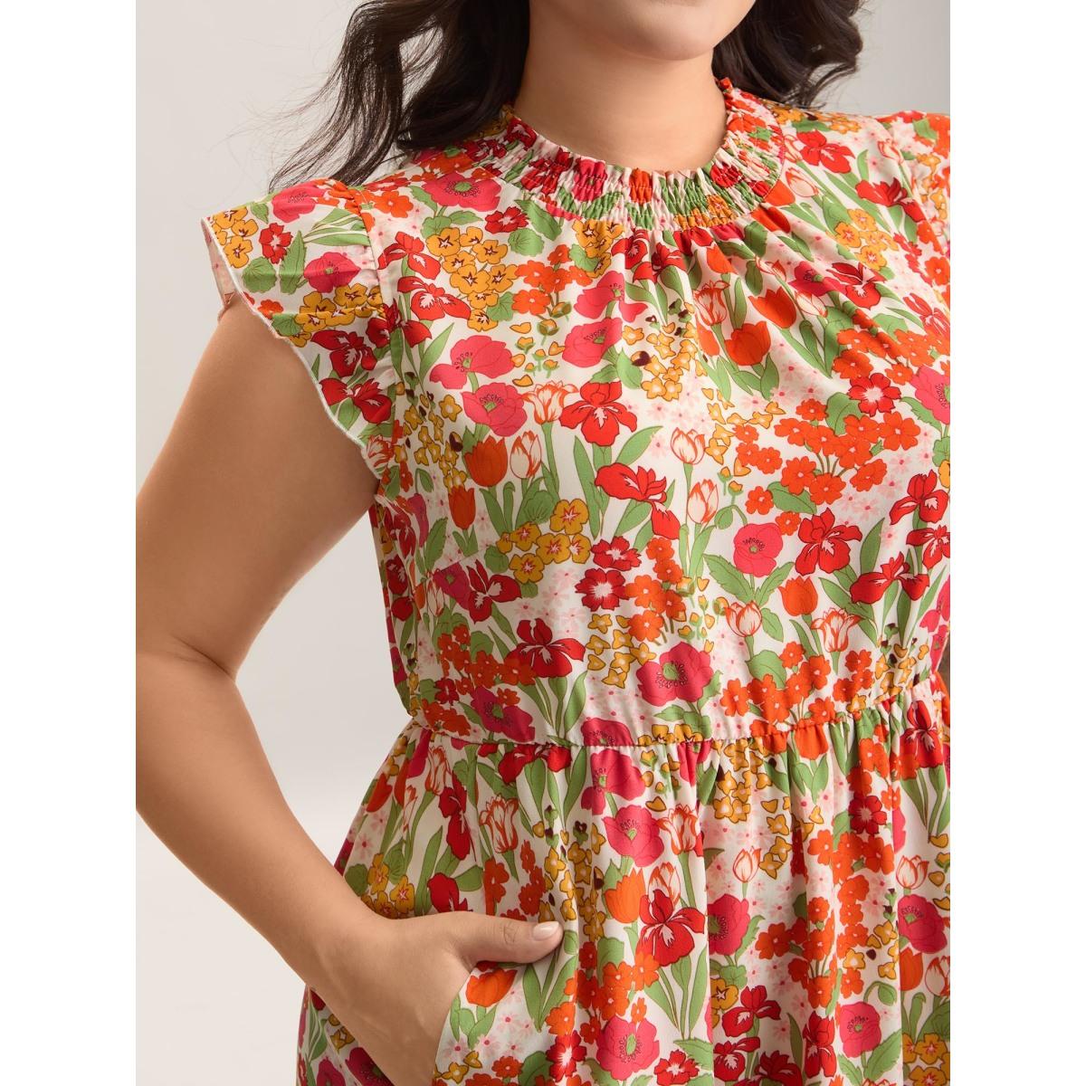 Plus Size Floral Print Shirred Pockets Midi Dress Salmon Women Romantic Frill Trim Mock Neck Cap Sleeve Curvy BloomChic 18-20/2X Product Image