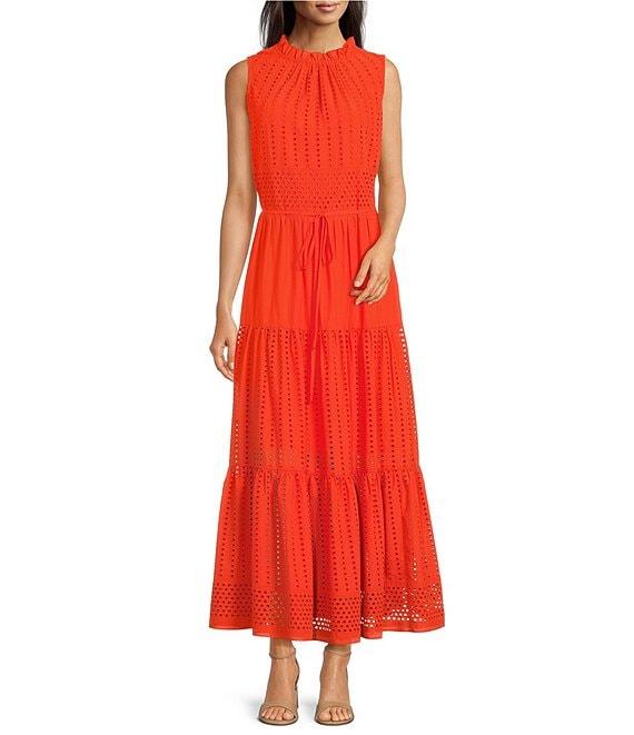 Gibson & Latimer Eyelet Woven Ruched Mock Neck Sleeveless Tie at Waist Tiered A-Line Flounce Maxi Dress Product Image