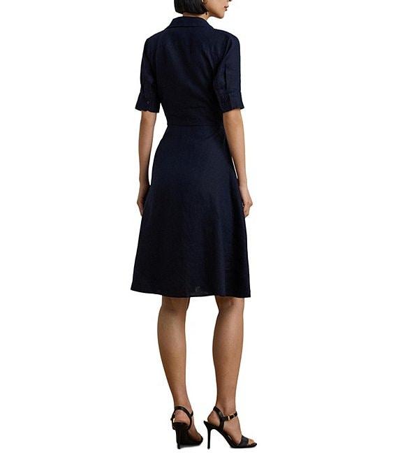 Lauren Ralph Lauren Linen Point Collar Elbow Sleeve Button Front Self Tie Fit-And-Flare Shirt Midi Dress Product Image