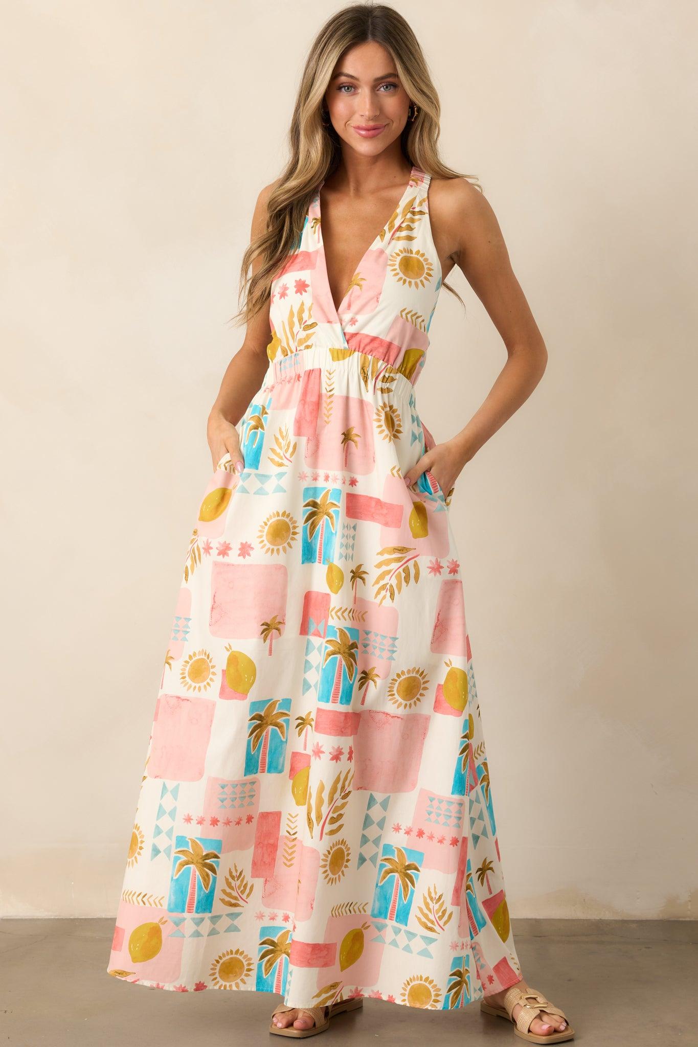 Vibrant Tides Pink Multi Tropical Print Maxi Dress Product Image