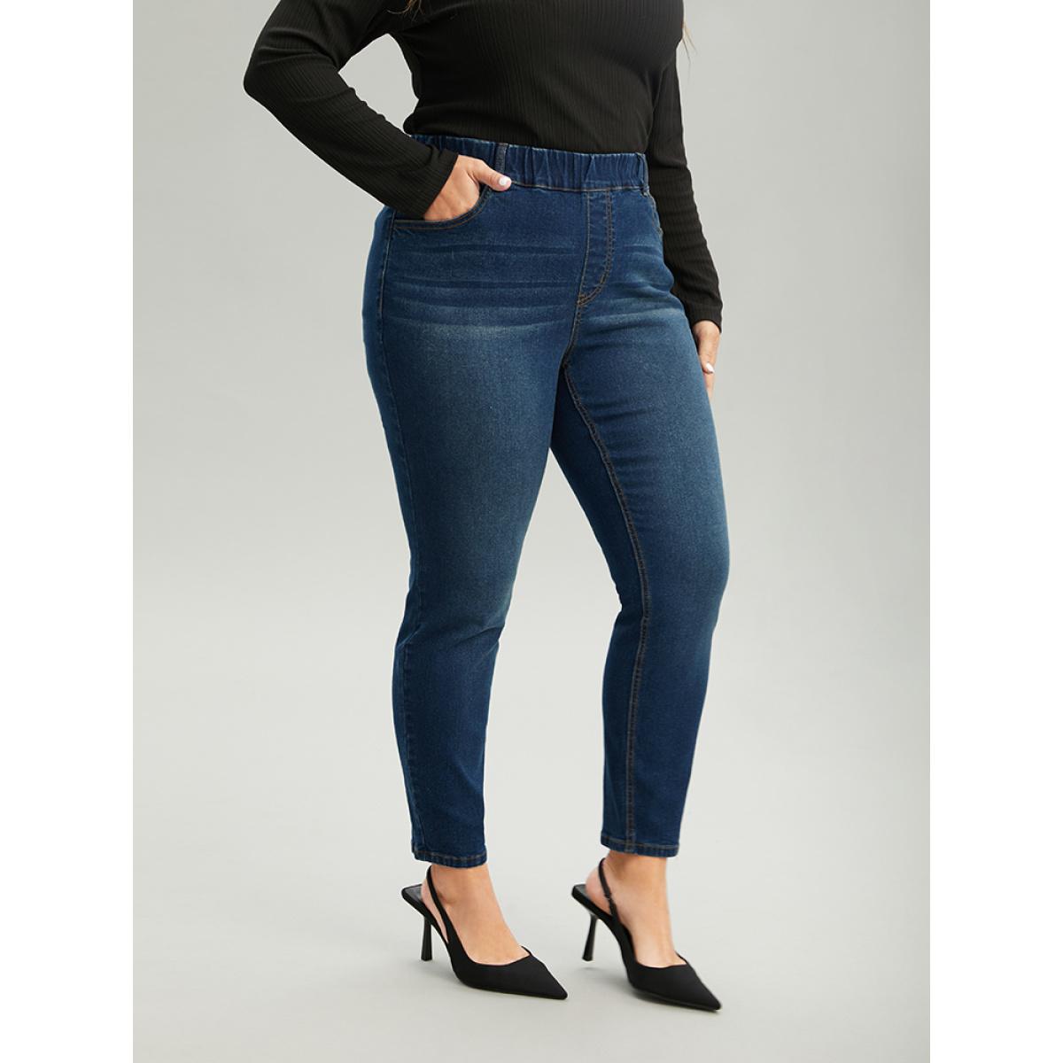 Plus Size Dark Wash Skinny Elastic Waist Jeans Women Blue Casual Plain Plain High stretch Pocket Jeans BloomChic 18/2X Product Image