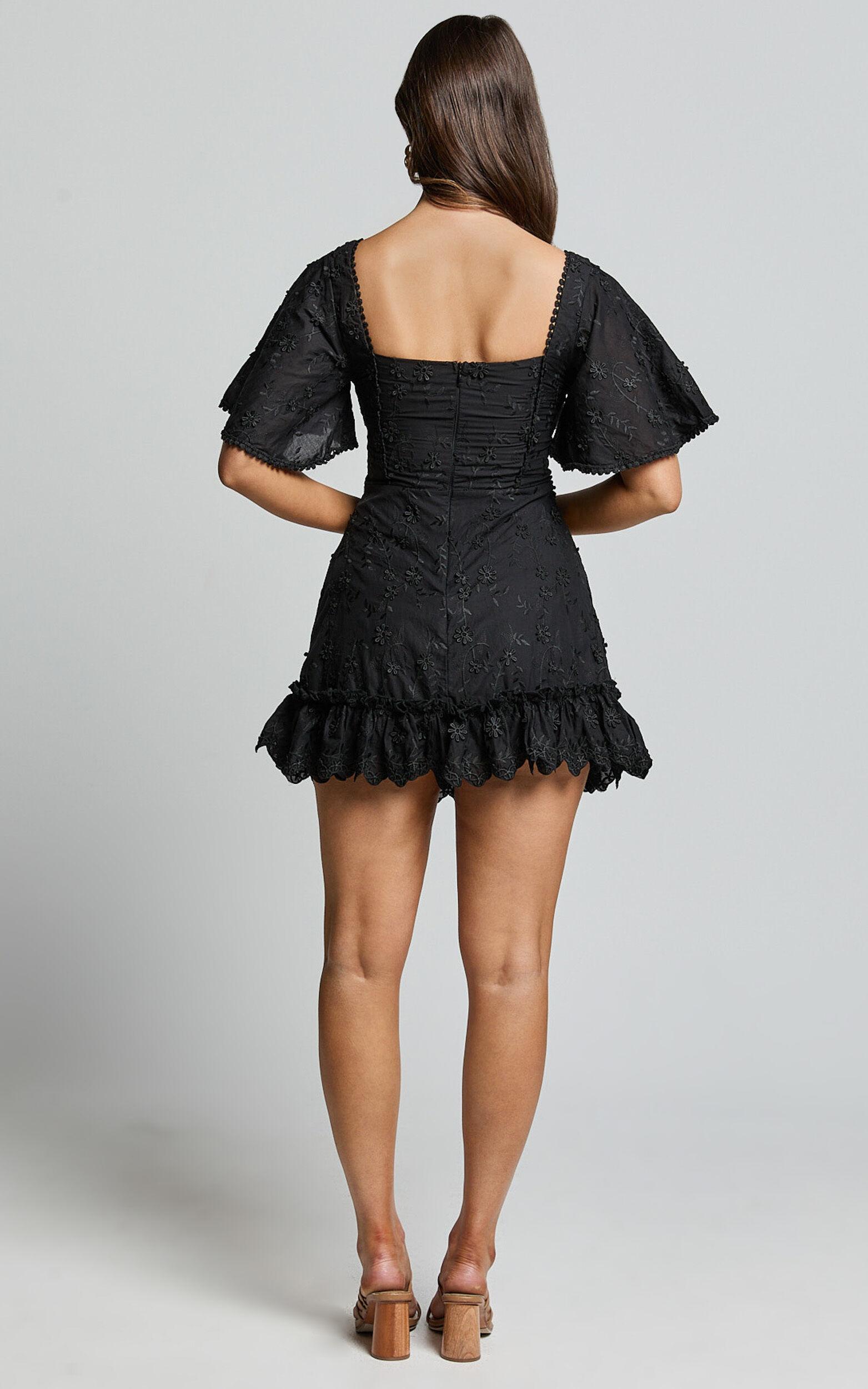 Fancy A Spritz Mini Dress - Square Neck Dress in Black Embroidery Product Image