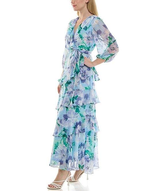 Moda Tara 3/4 Sleeve Floral Print Chiffon Faux Wrap Maxi Dress Product Image