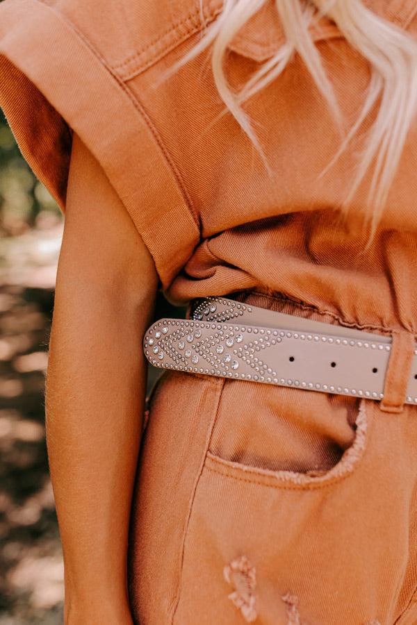 Daring Stares Embellished Faux Leather Belt In Taupe Product Image