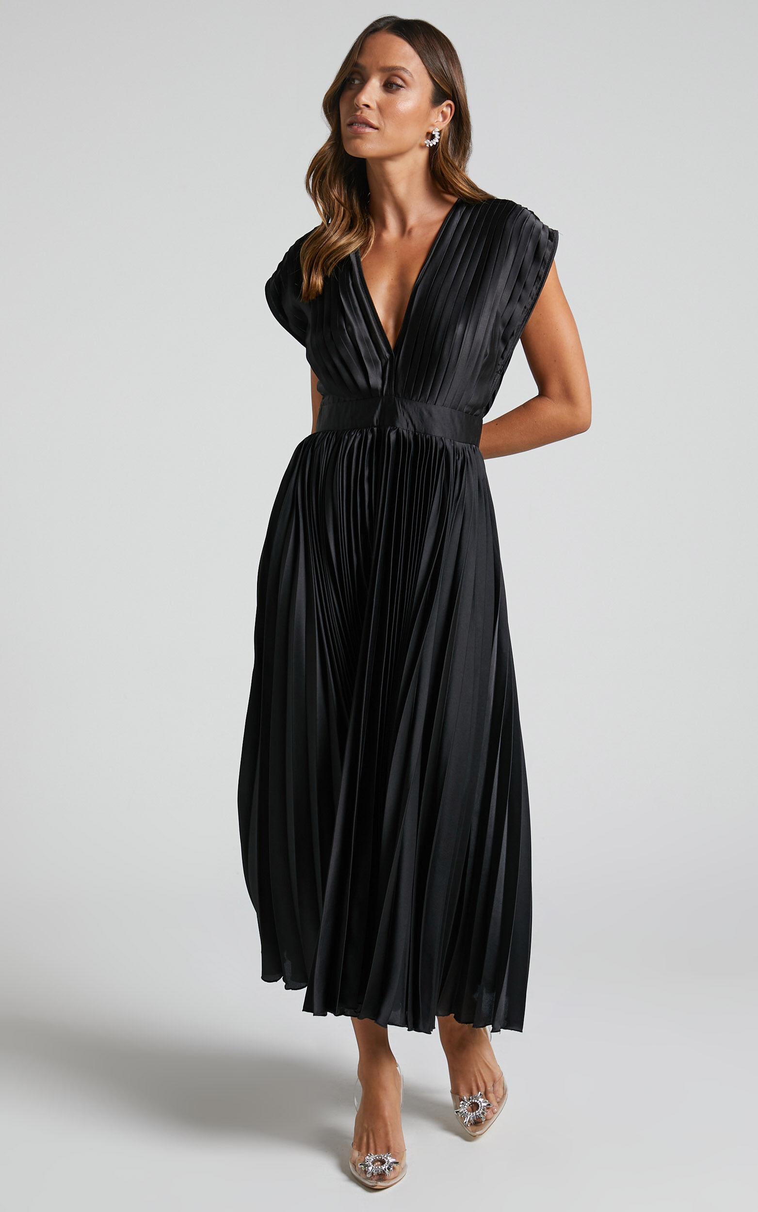 Della Midi Dress - Plunge Neck Short Sleeve Pleated Dress in Black Product Image