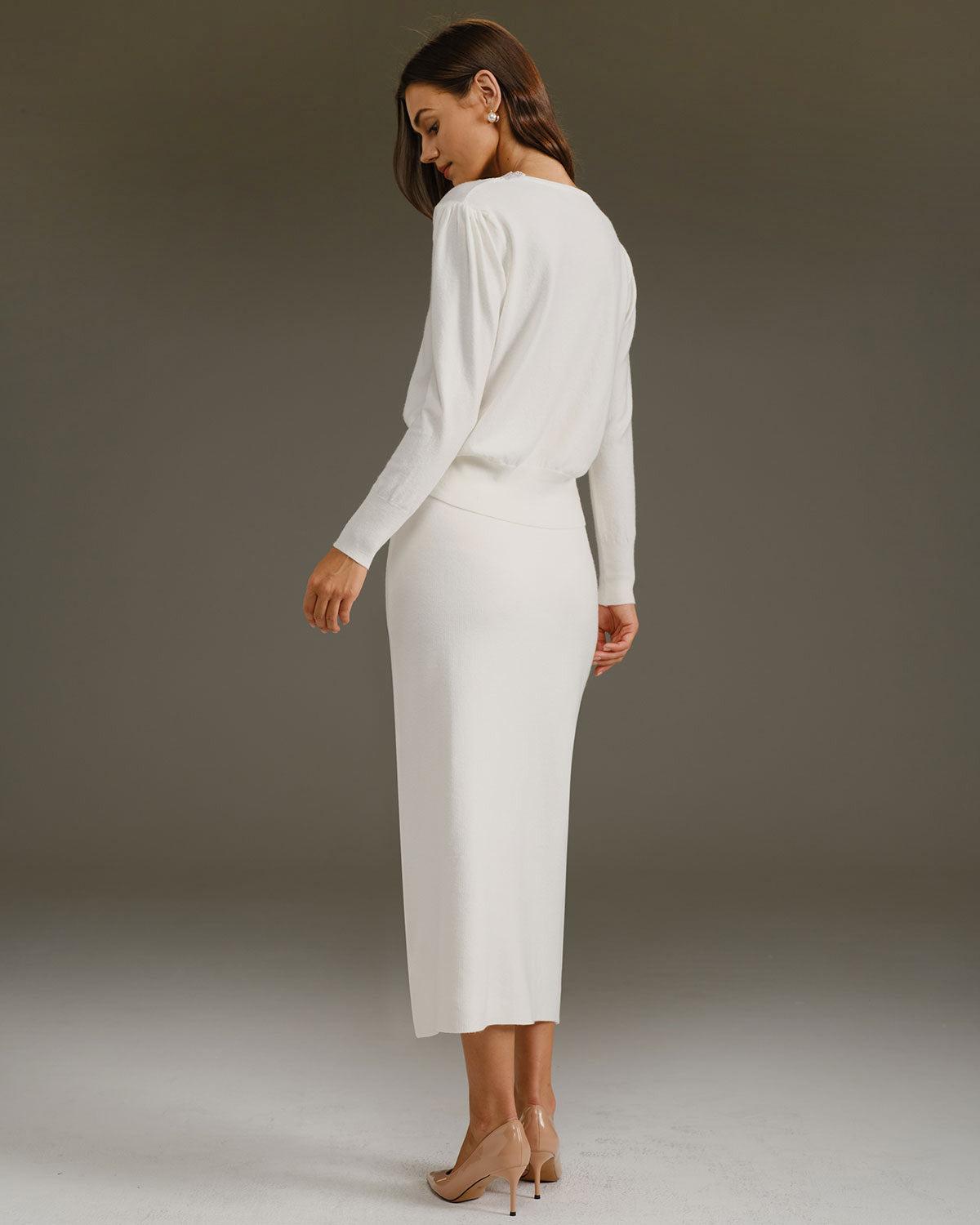 White V Neck Pearl Button Sweater Product Image