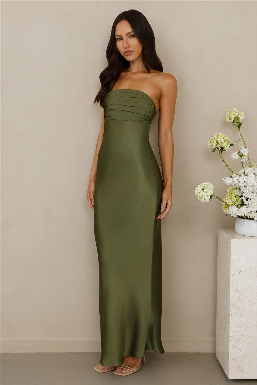 The Seraphina Strapless Satin Maxi Dress Olive Product Image