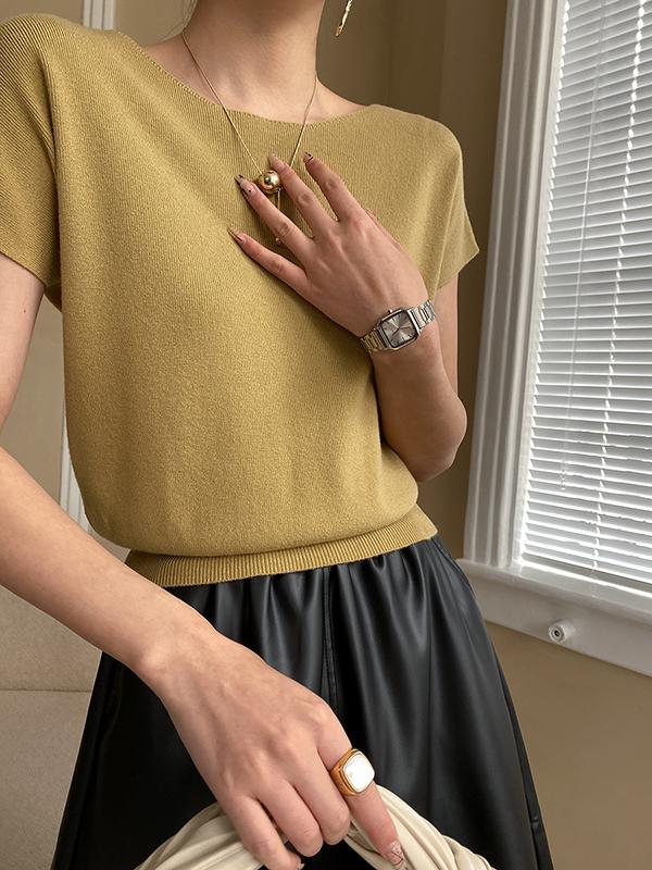 Stylish Loose Solid Color Boat Neck Knitwear Pullovers Tops Product Image