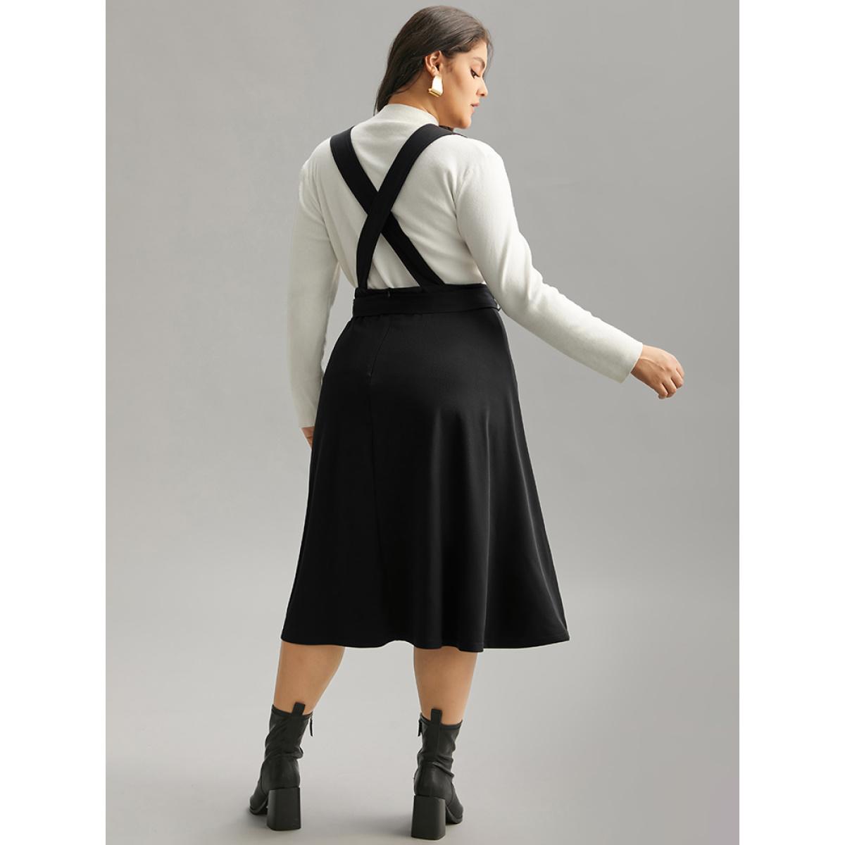 Plus Size Plain Buckle Detail Surplice Neck Tank Dress Black Women Elegant Wrap Overlap Collar Sleeveless Curvy Midi Dress BloomChic 22-24/3X Product Image