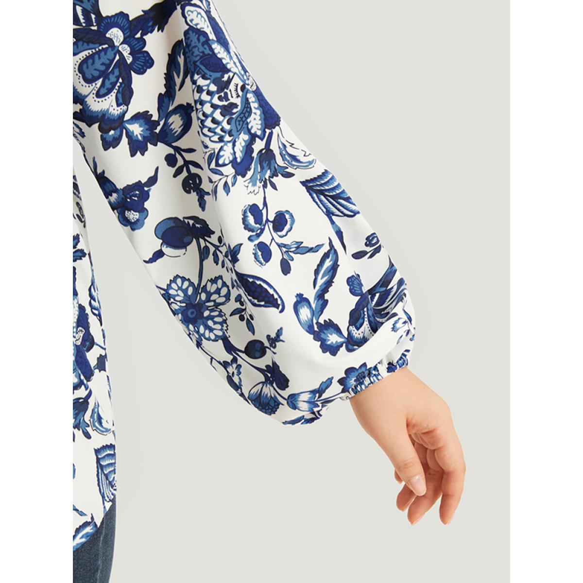 Plus Size Navy Boho Print Knot Neck Lantern Sleeve Blouse Women Vacation Long Sleeve Tie Neck Dailywear Blouses BloomChic 22-24/3X Product Image