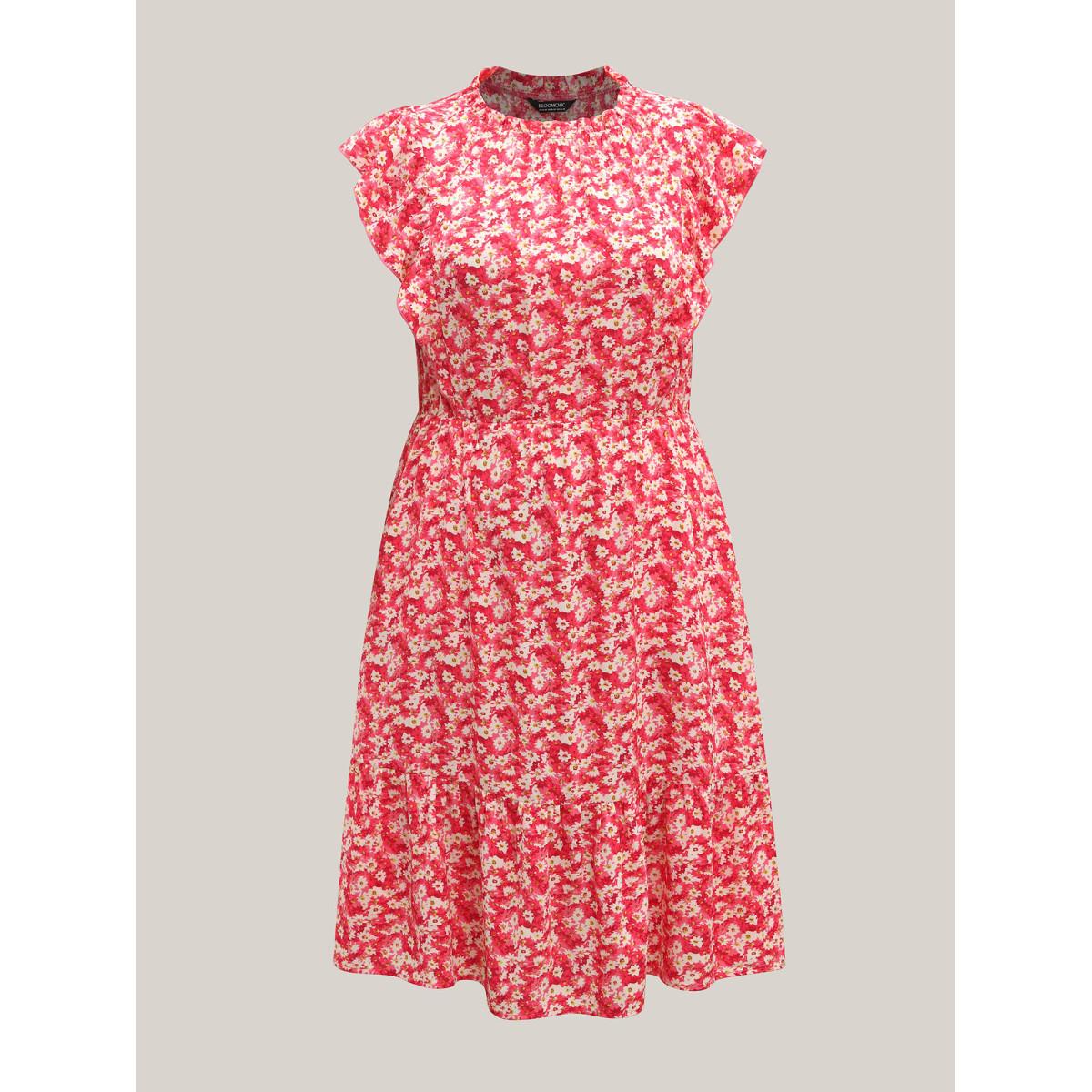 Plus Size Ruffled Neck Floral Print Tiered Midi Dress Peach Women Round Neck Cap Sleeve Curvy BloomChic 12/L Product Image