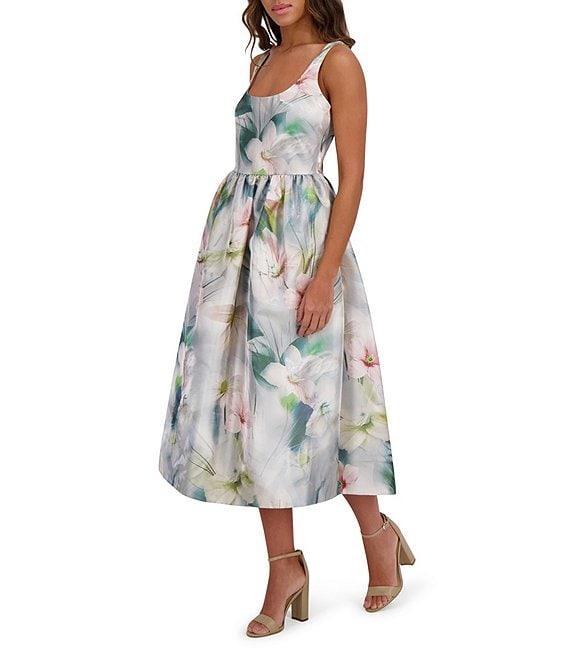 Kensie Shimmer Twill Floral Print Scoop Neck Sleeveless A-Line Midi Dress Product Image