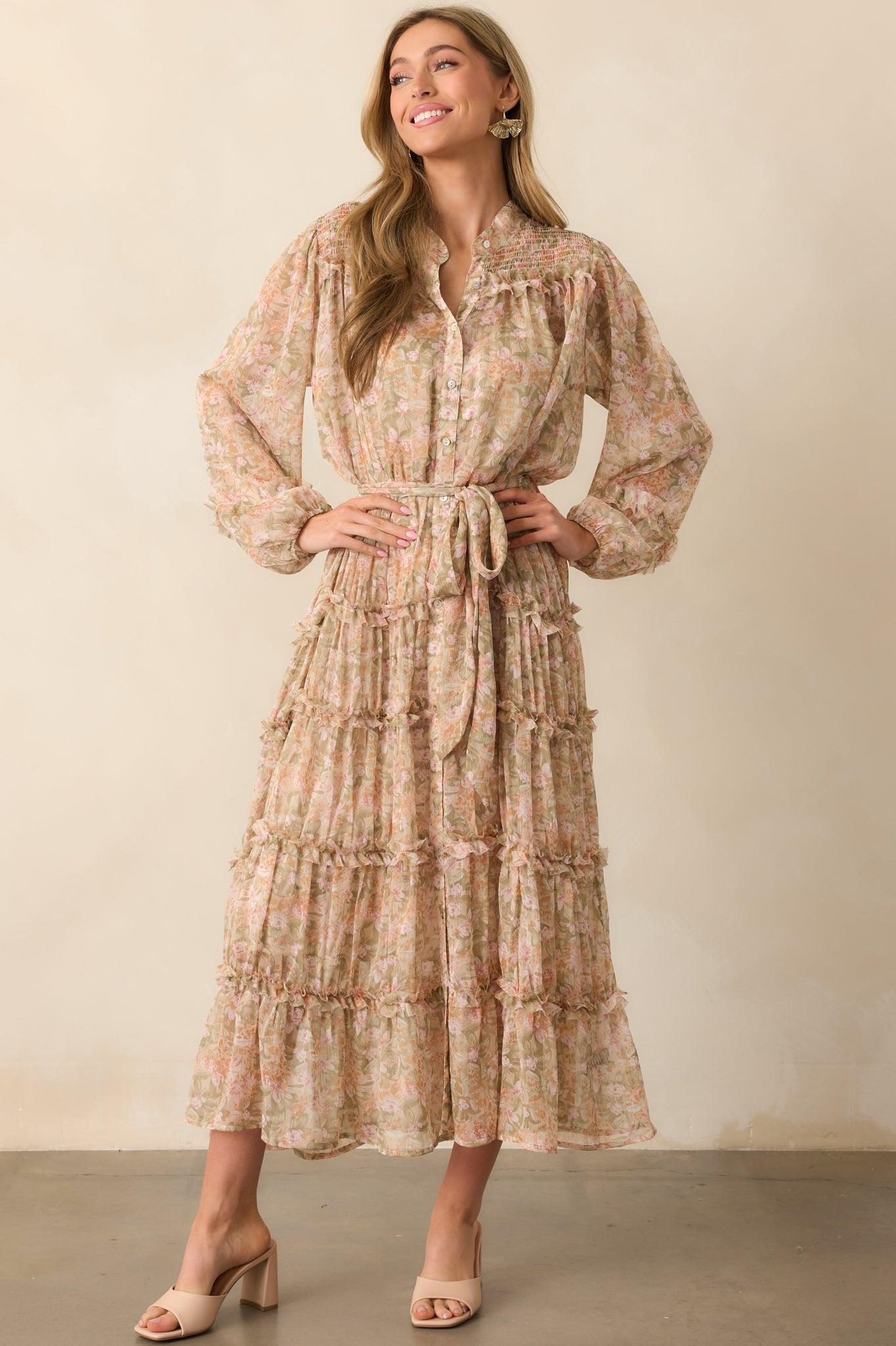 Whisper Of The Wind Blush Floral Long Sleeve Maxi Dress Product Image