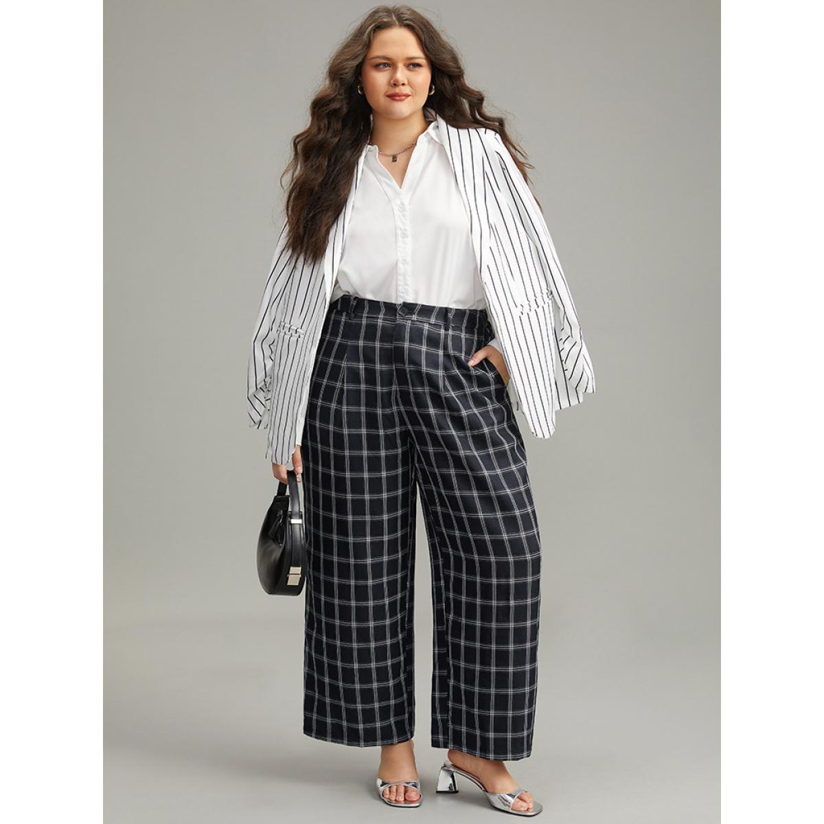 Plus Size Plaid Straight Leg Pocket Pants Women Indigo Office Straight Leg High Rise Work Pants BloomChic 18-20/2X Product Image