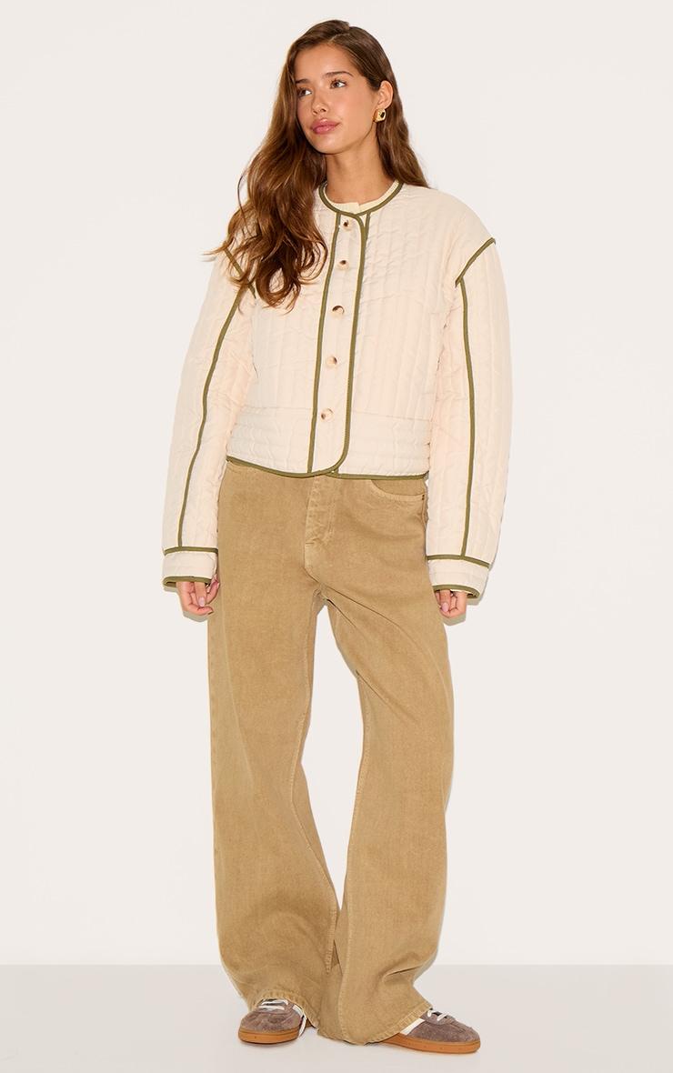  Cream Button Up Round Neck Quilted Jacket Product Image