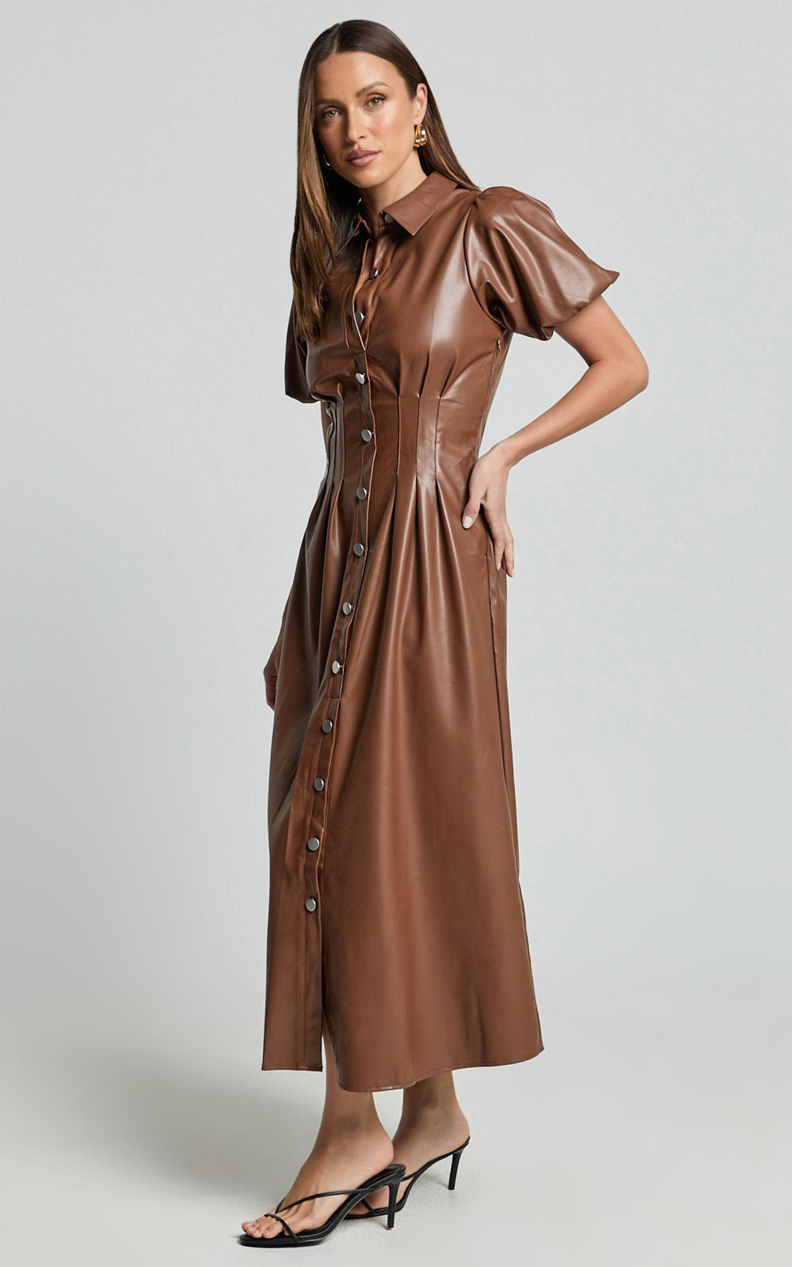 Ziva Midi Dress - Short Puff Sleeve Button Through Dress in Chocolate Product Image