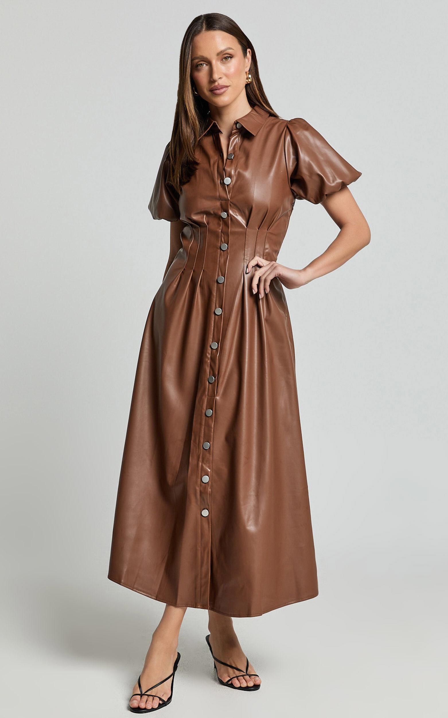 Ziva Midi Dress - Short Puff Sleeve Button Through Dress in Chocolate Product Image