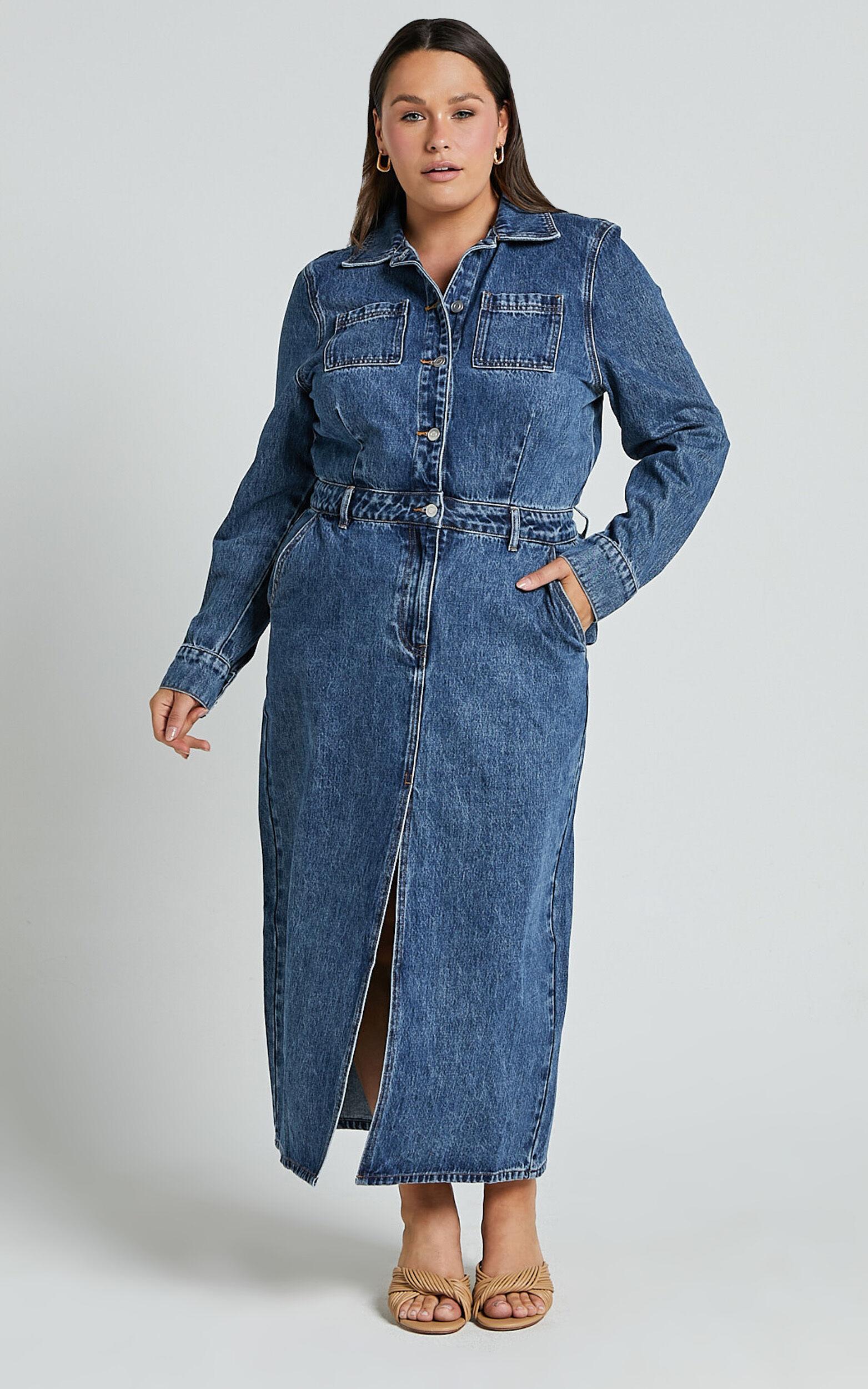 Alison Midi Dress - Long Sleeve Front Split Denim Dress in Mid Blue Wash Product Image