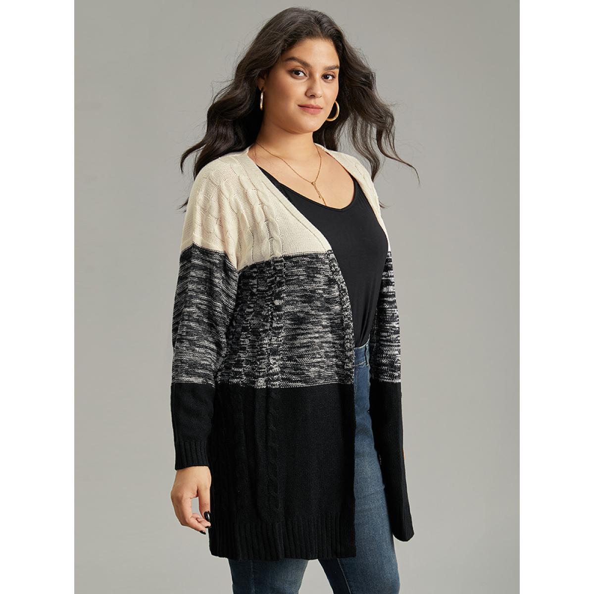 Plus Size Colorblock Contrast Heather Open Front Cardigan Black Women Casual Loose Long Sleeve Dailywear Cardigans BloomChic 22-24/3X Product Image