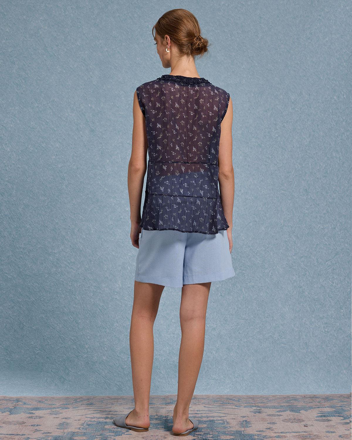 Blue Floral V Neck Button Tank Top Product Image