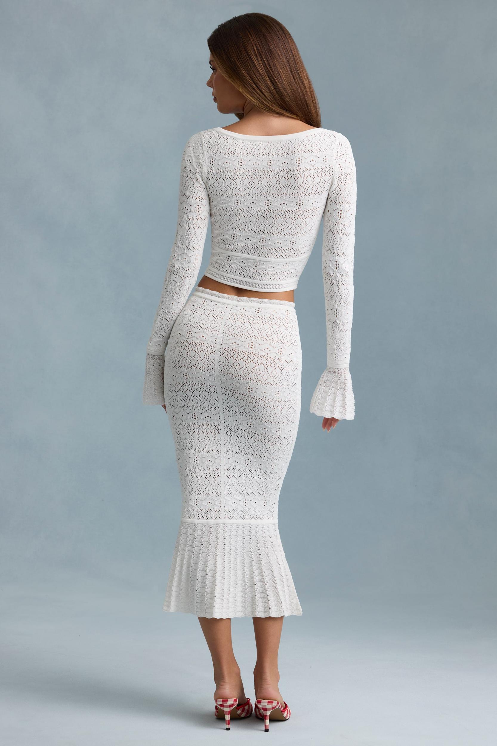 Ruffle-Trim Pointelle-Knit Midaxi Skirt in White Product Image