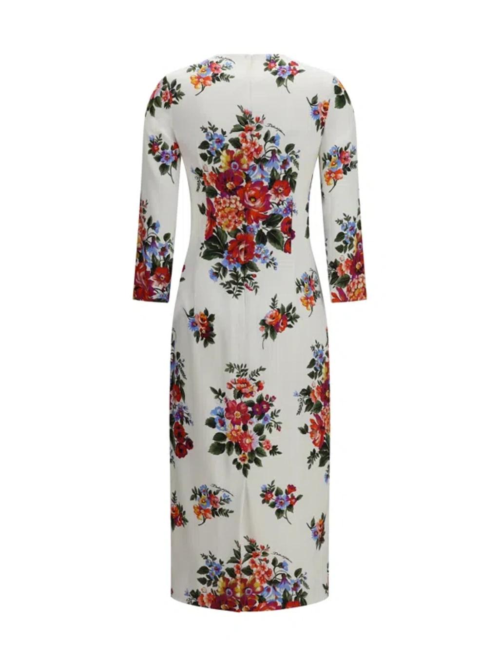 DOLCE & GABBANA Abito Midi Bianco Con Stampa Floreale Dolce E Gabbana In White Product Image