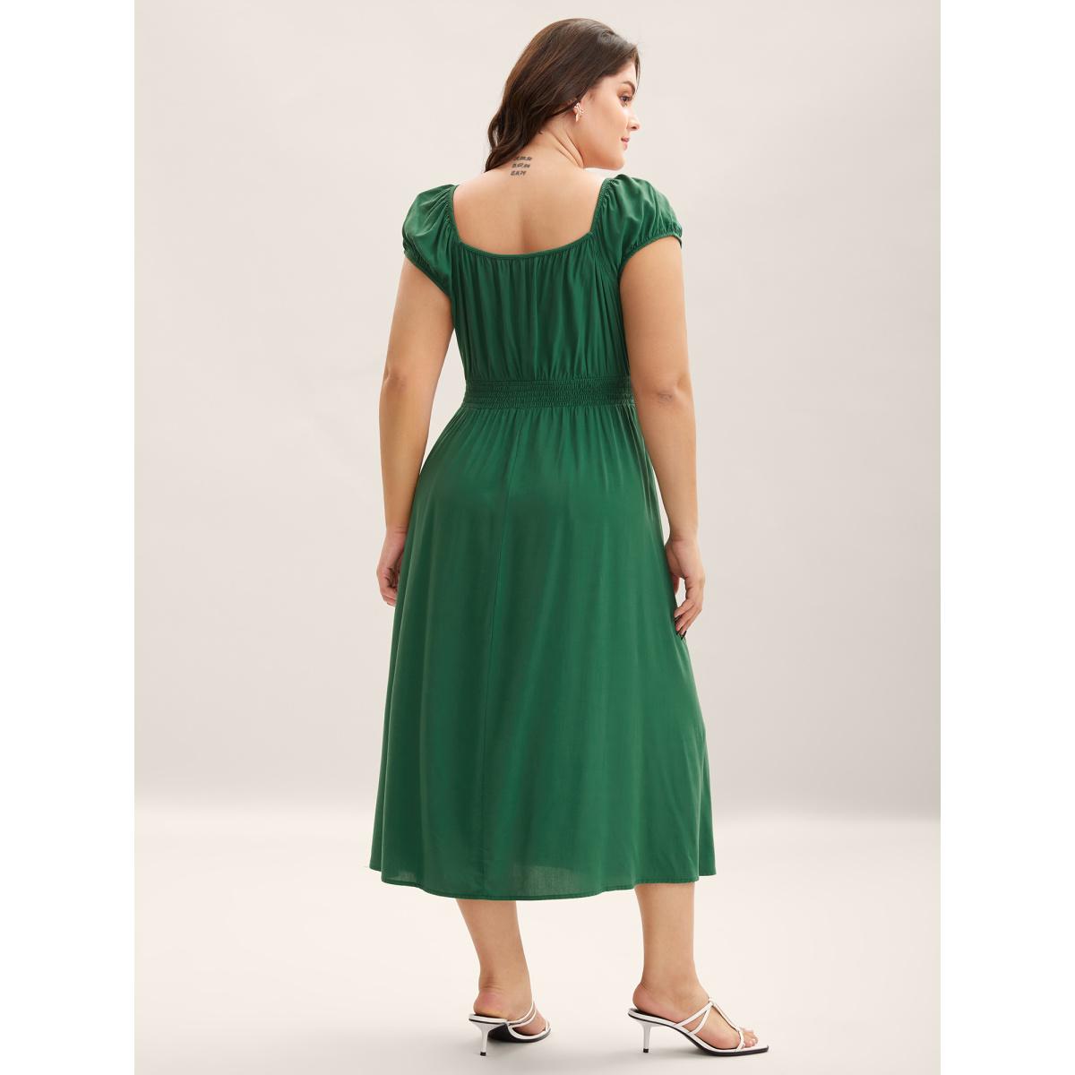 Plus Size Rayon Keyhole Pockets Solid Milkmaid Dress Emerald Women Timeless Square Neck Cap Sleeve Curvy BloomChic 14-16/1X Product Image