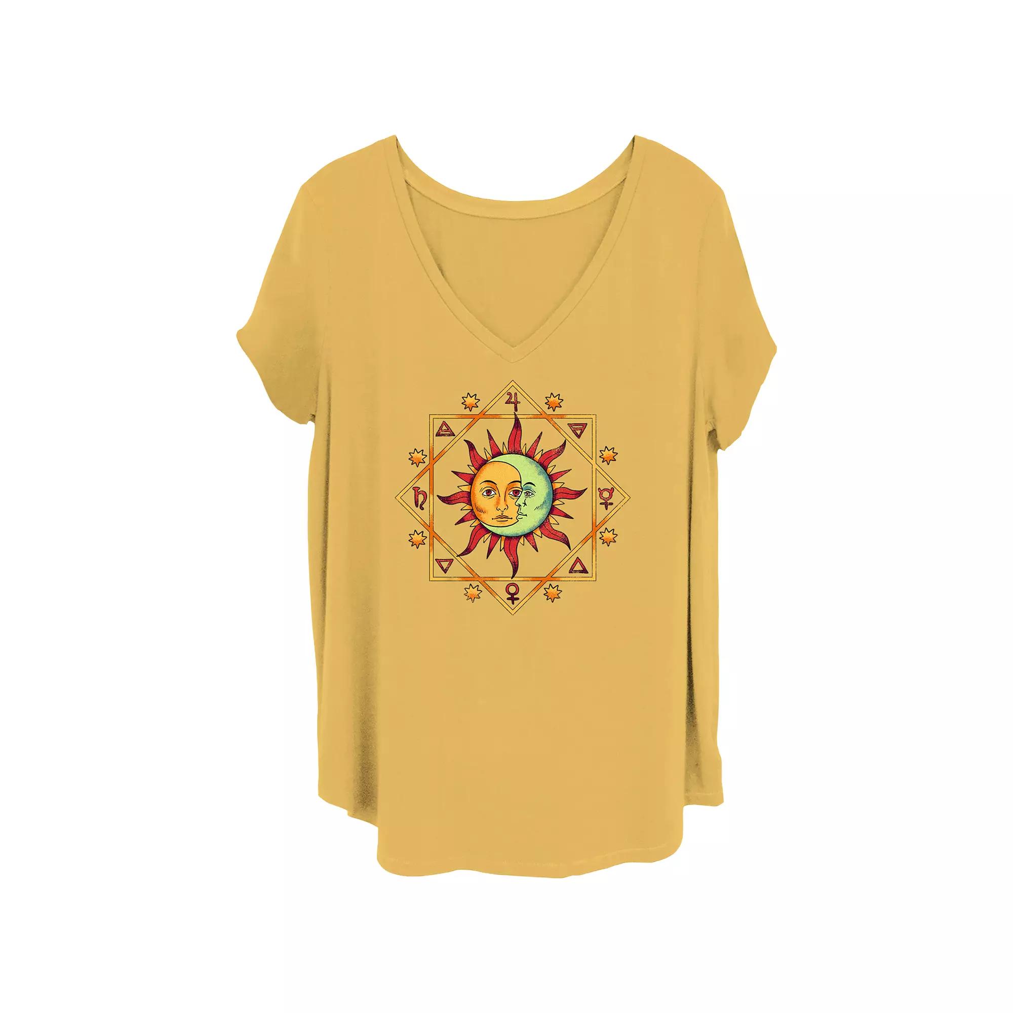 Juniors' Plus Celestial Sun And Moon Zodiac Cluster V-Neck Graphic Tee, Women's,  Product Image