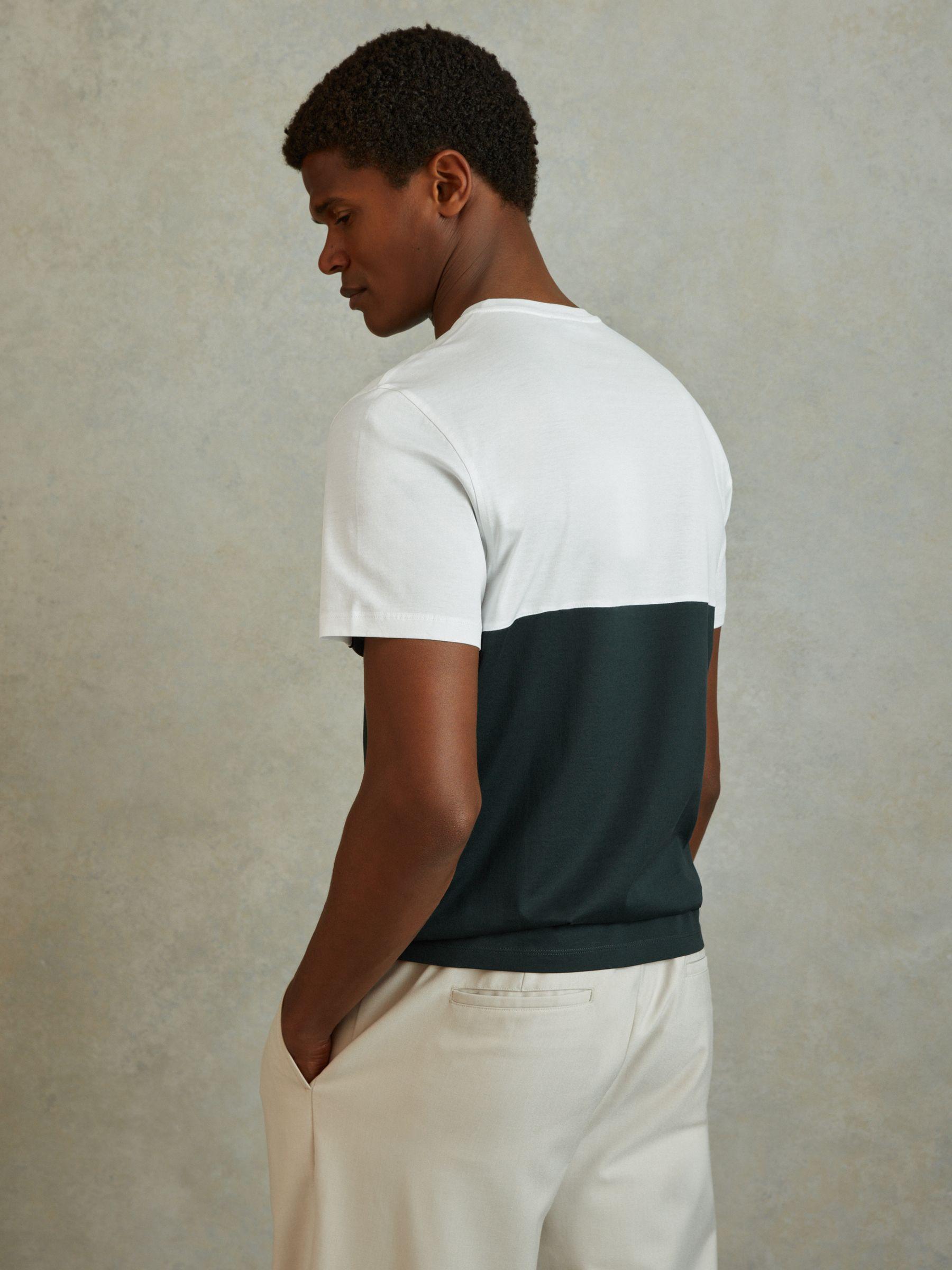 Mercerised Cotton Colourblock Crew Neck T-Shirt in Dark Green/White Product Image