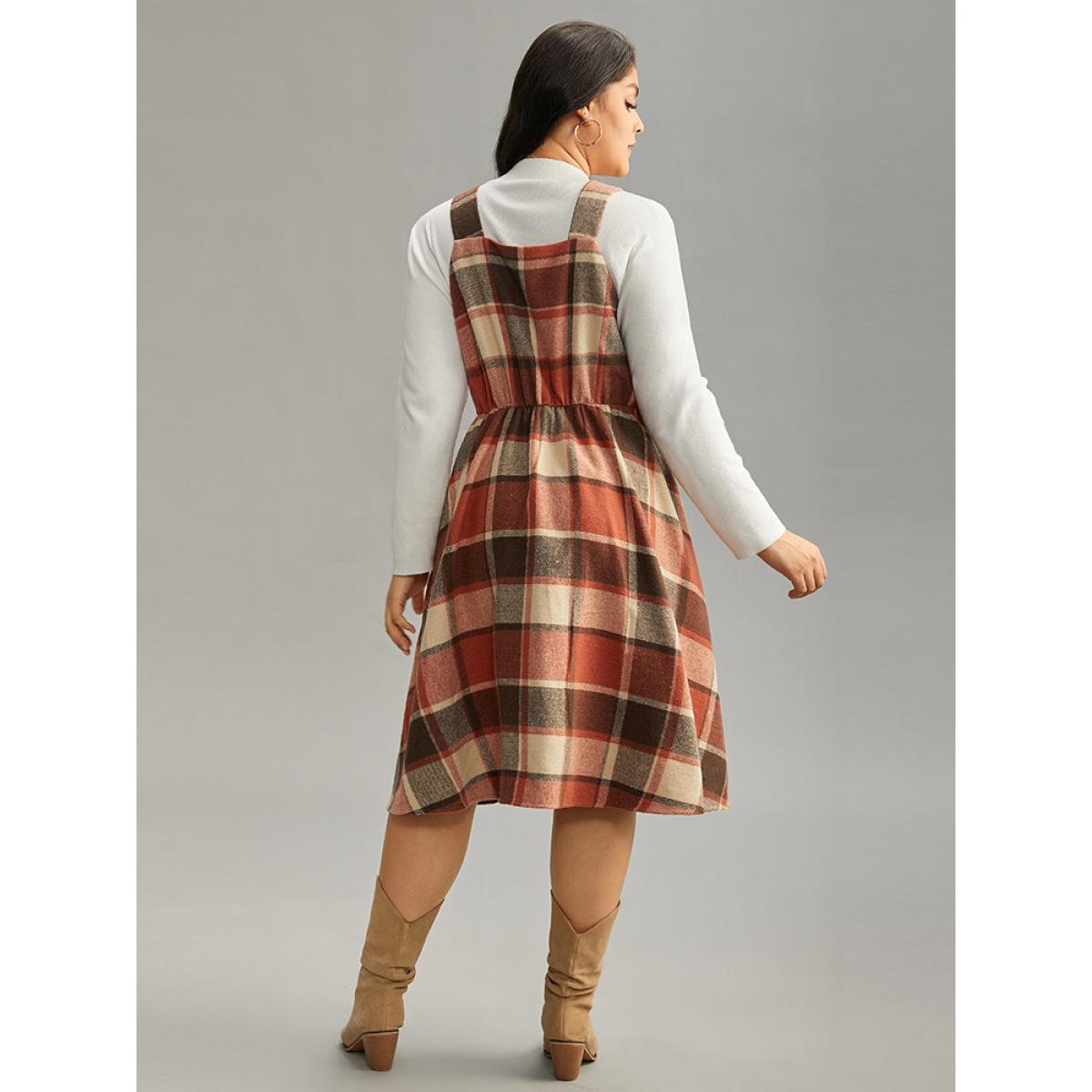 Plus Size Plaid Elastic Waist Button Detail Adjustable Straps Dress Chocolate Women Casual Adjustable Straps Spaghetti Strap Sleeveless Curvy Midi Dress BloomChic 22-24/3X Product Image