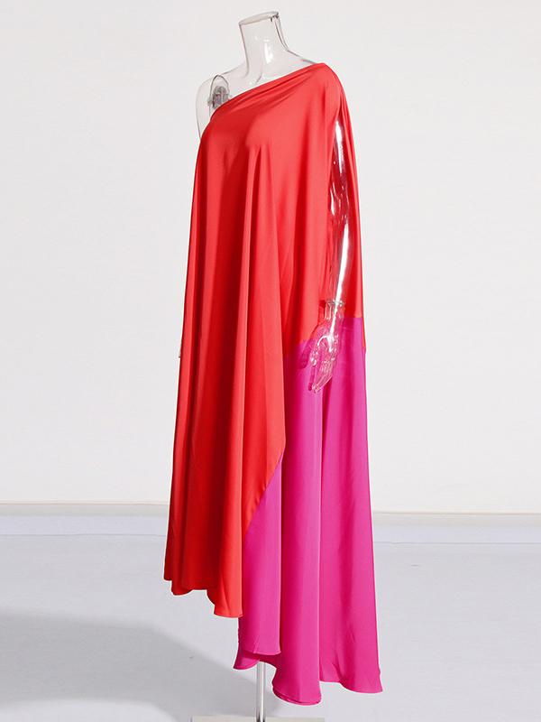 High Waisted Loose Asymmetric Contrast Color Split-Joint One-shoulder Maxi Dresses Product Image
