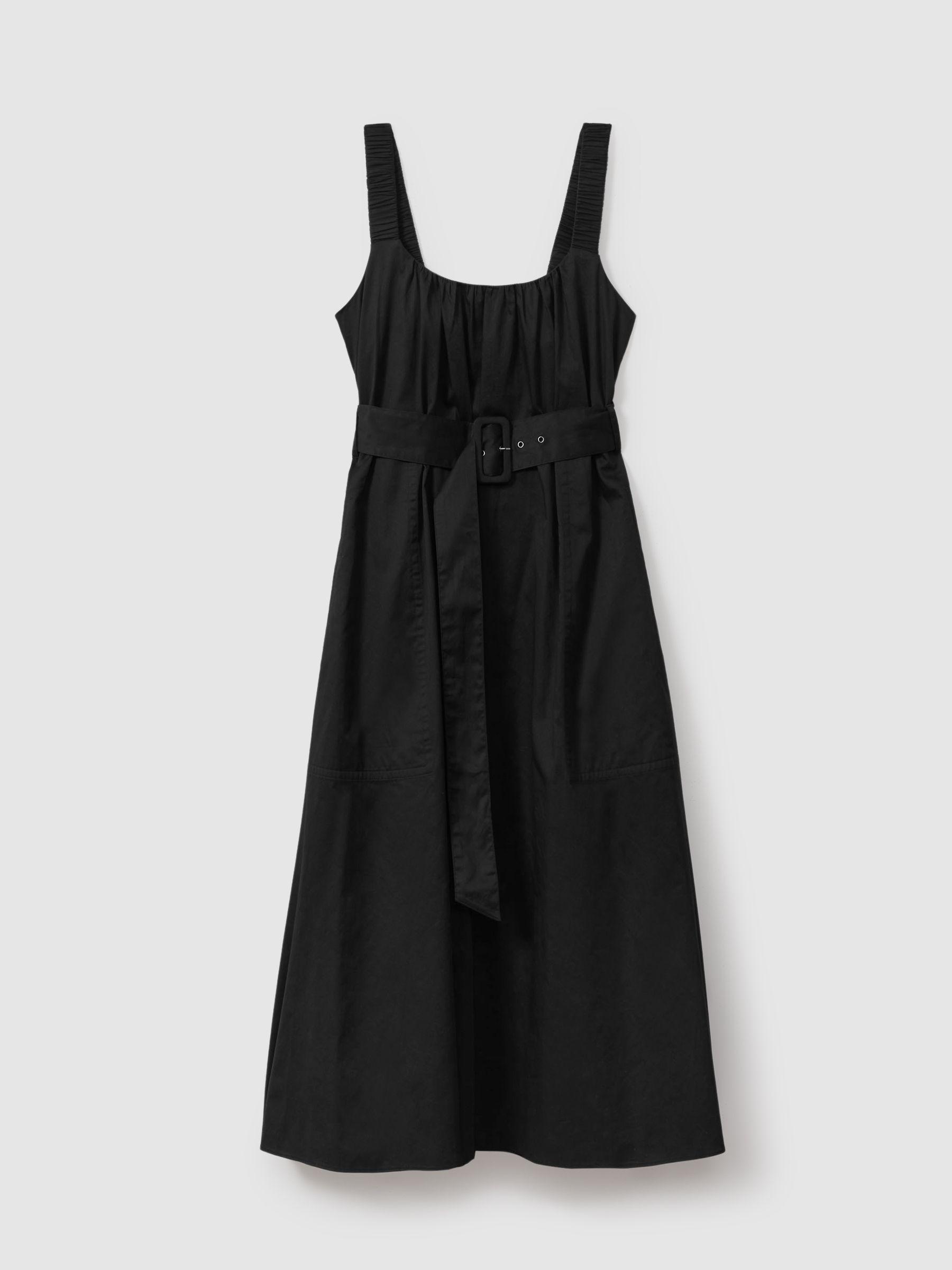 Cotton Ruched Strap Belted Midi Dress in Black Product Image