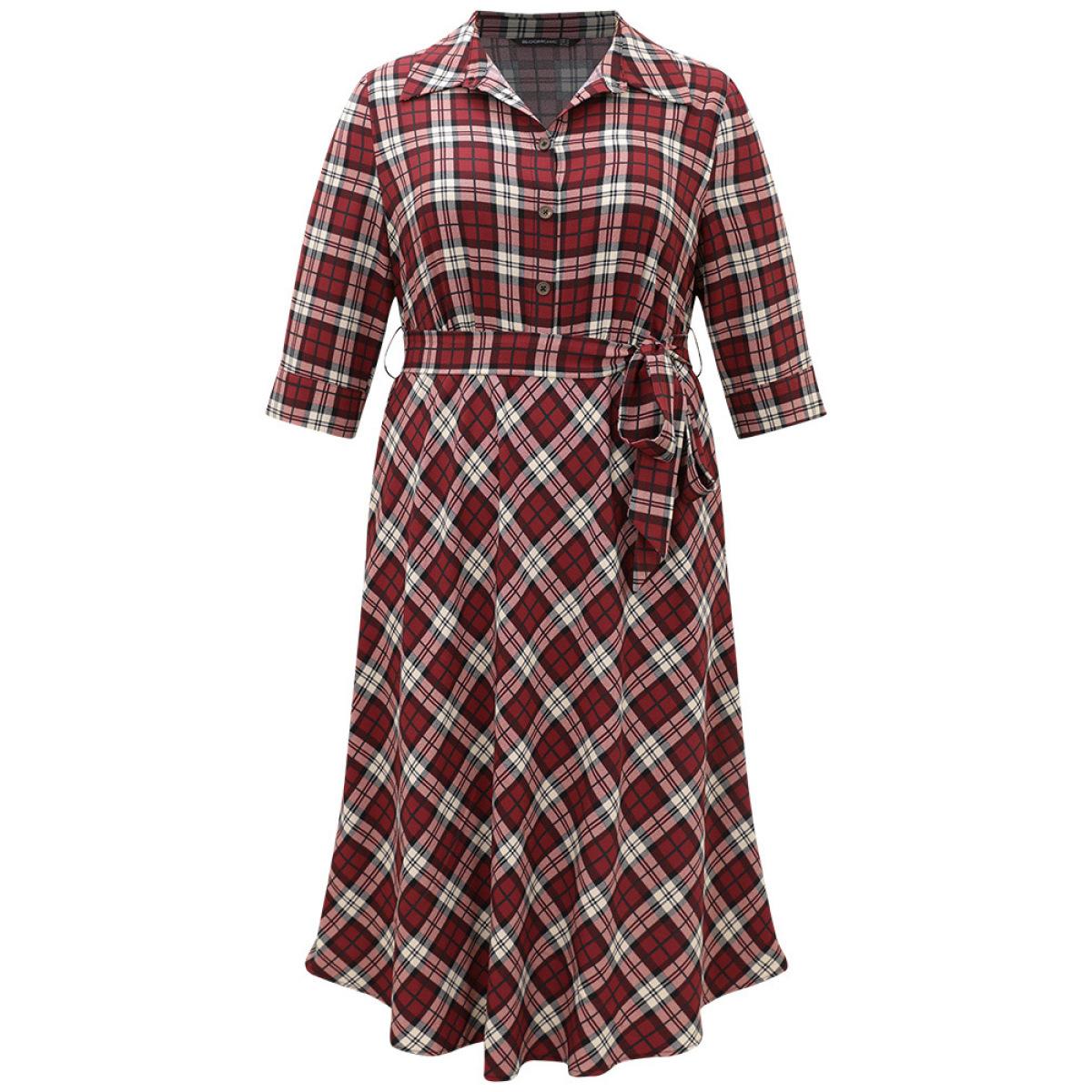 Plus Size Christmas Plaid Shirt Collar Button Up Belted Dress Burgundy Women Office Belted Shirt collar Elbow-length sleeve Curvy Midi Dress BloomChic 30/6X Product Image