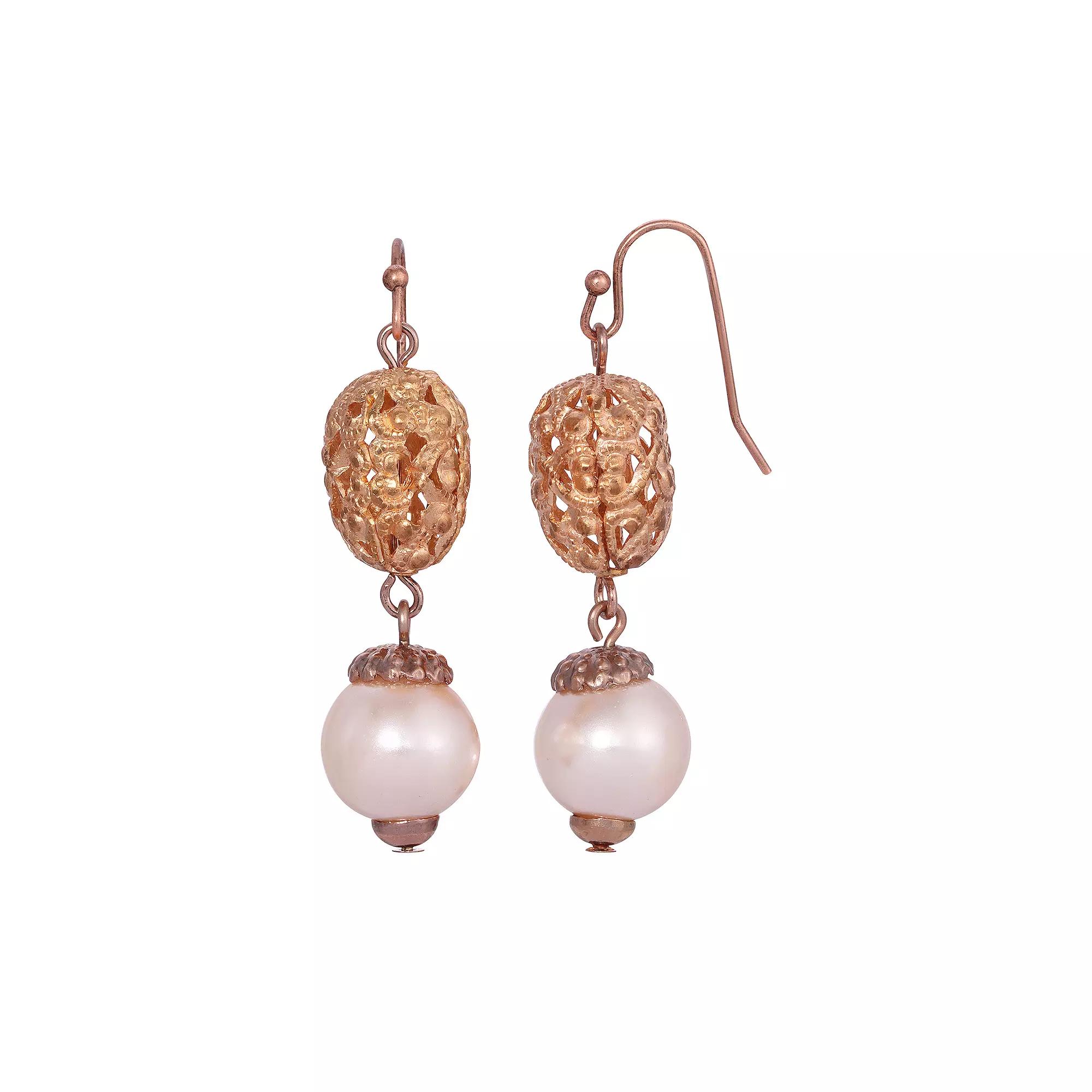 1928 Rose Gold Tone Filigree Faux Pearl Drop Earrings, Womens, White Product Image