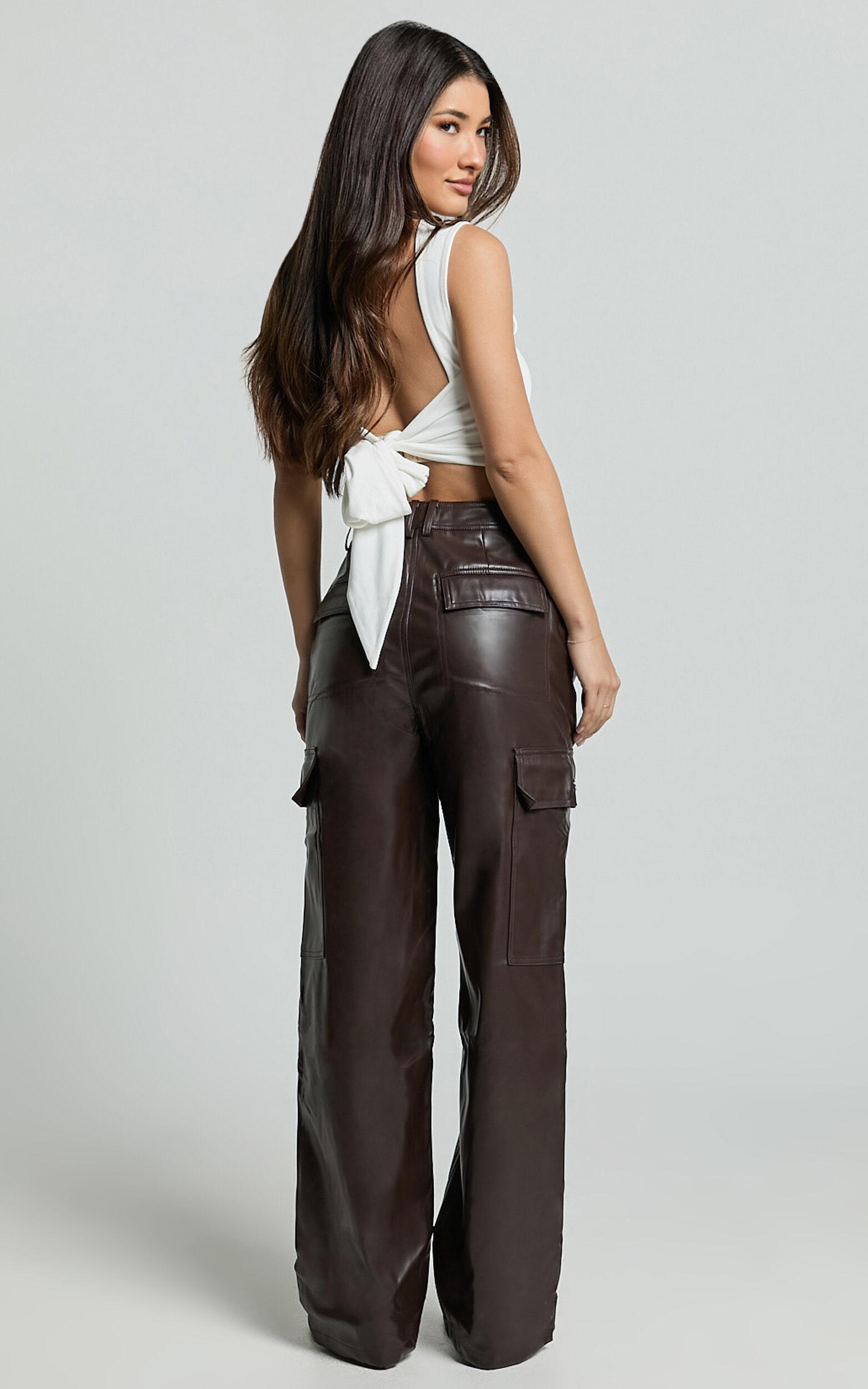 Elviera Pants - High Waisted Faux Leather Cargo Pants in Dark Chocolate Product Image