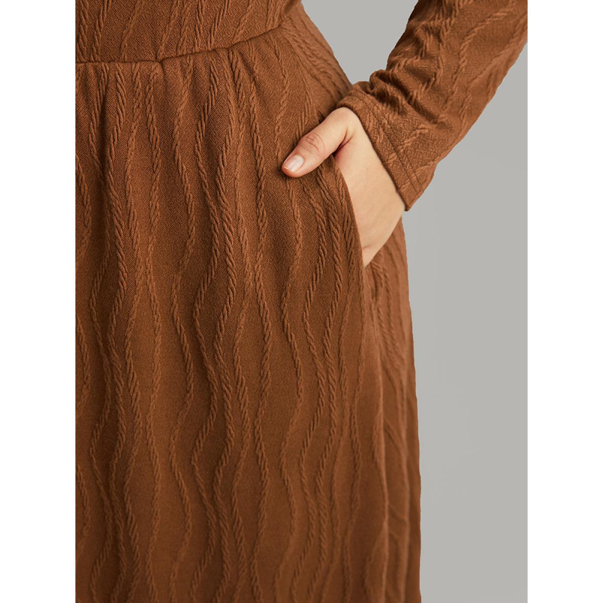Plus Size Water Ripple Long Sleeve Pocket Dress Rust Women Casual Texture Round Neck Long Sleeve Curvy Midi Dress BloomChic 30/6X Product Image