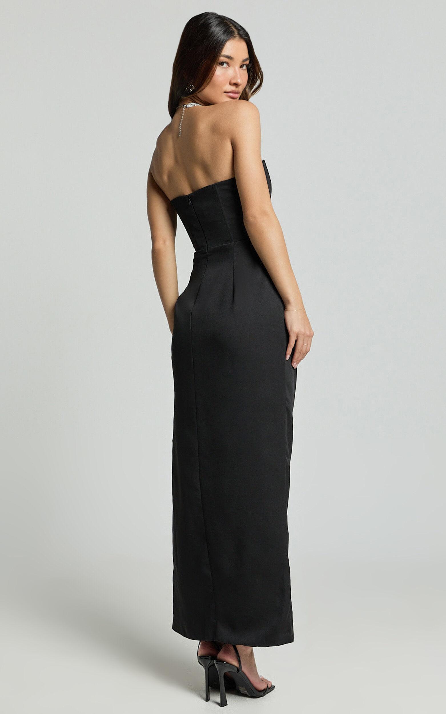 Avery Midi Dress - Strapless Draped Side Split Dress in Black Product Image