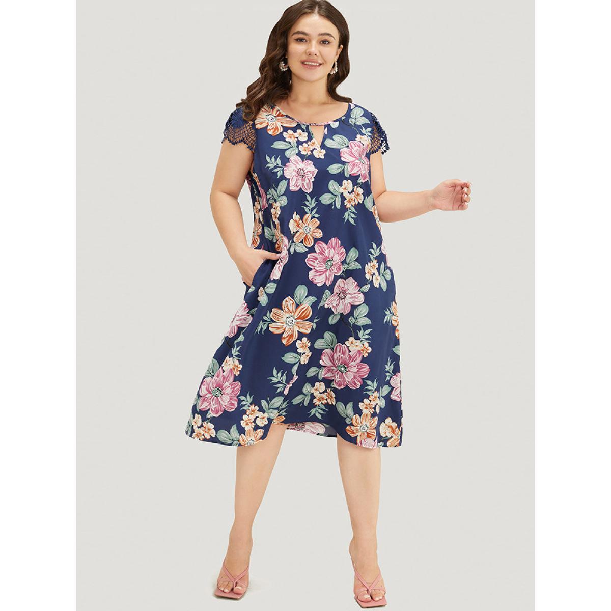 Plus Size Floral Pocket Keyhole Lace Cap Sleeve Flutter Dress DarkBlue Women Elegant Printed Keyhole Cut-Out Cap Sleeve Curvy Knee Dress BloomChic 12/L Product Image