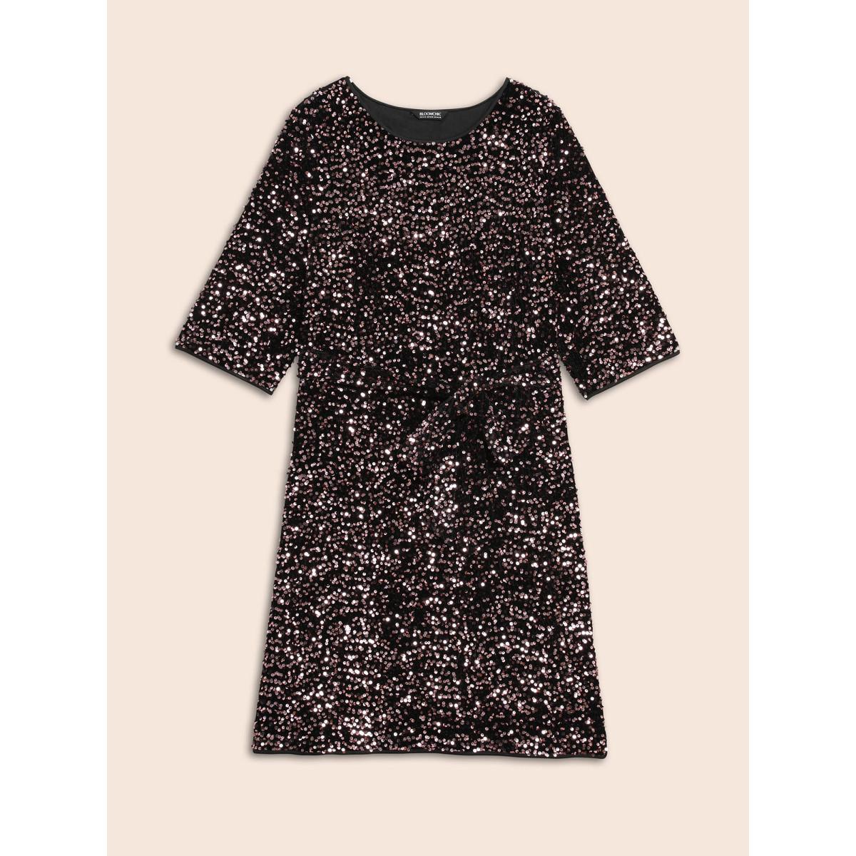 Plus Size Sequin Round Neck Dress Black Women Cocktail Texture Party Curvy Bloomchic 22-24/3X Product Image