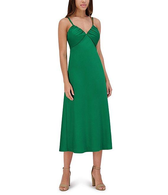 SIENA Matte Satin V-Neck Sleeveless Spaghetti Straps Slip Midi Dress Product Image