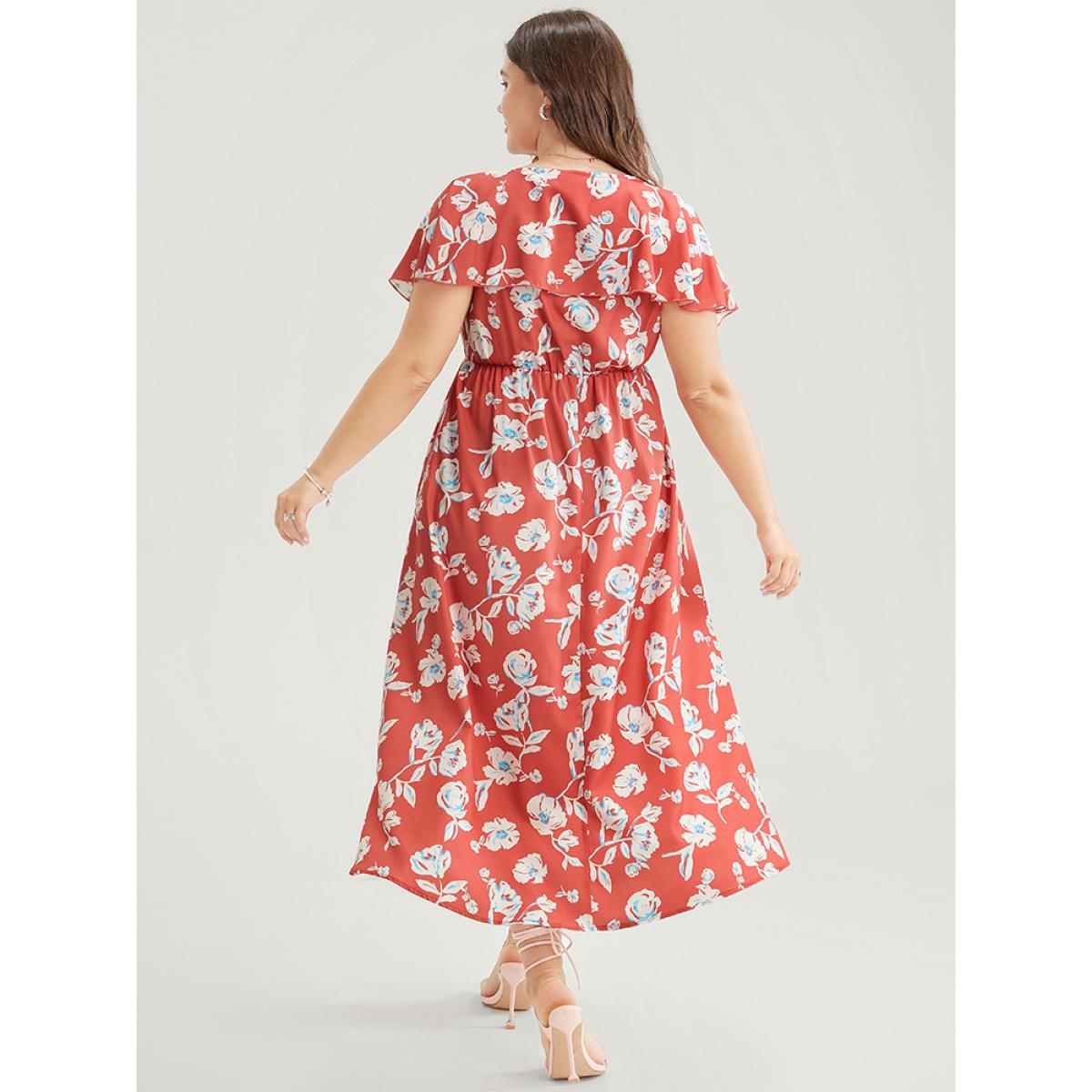 Plus Size Floral Printed Ruffle Trim Pocket V Neck Split Hem Dress Coral Women Elegant Elastic Waist V-neck Sleeveless Curvy Midi Dress BloomChic 28/5X Product Image