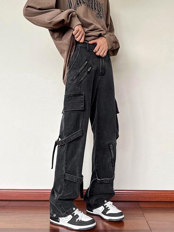 Men's Zipper Lace Up Decor Cargo Jeans Product Image