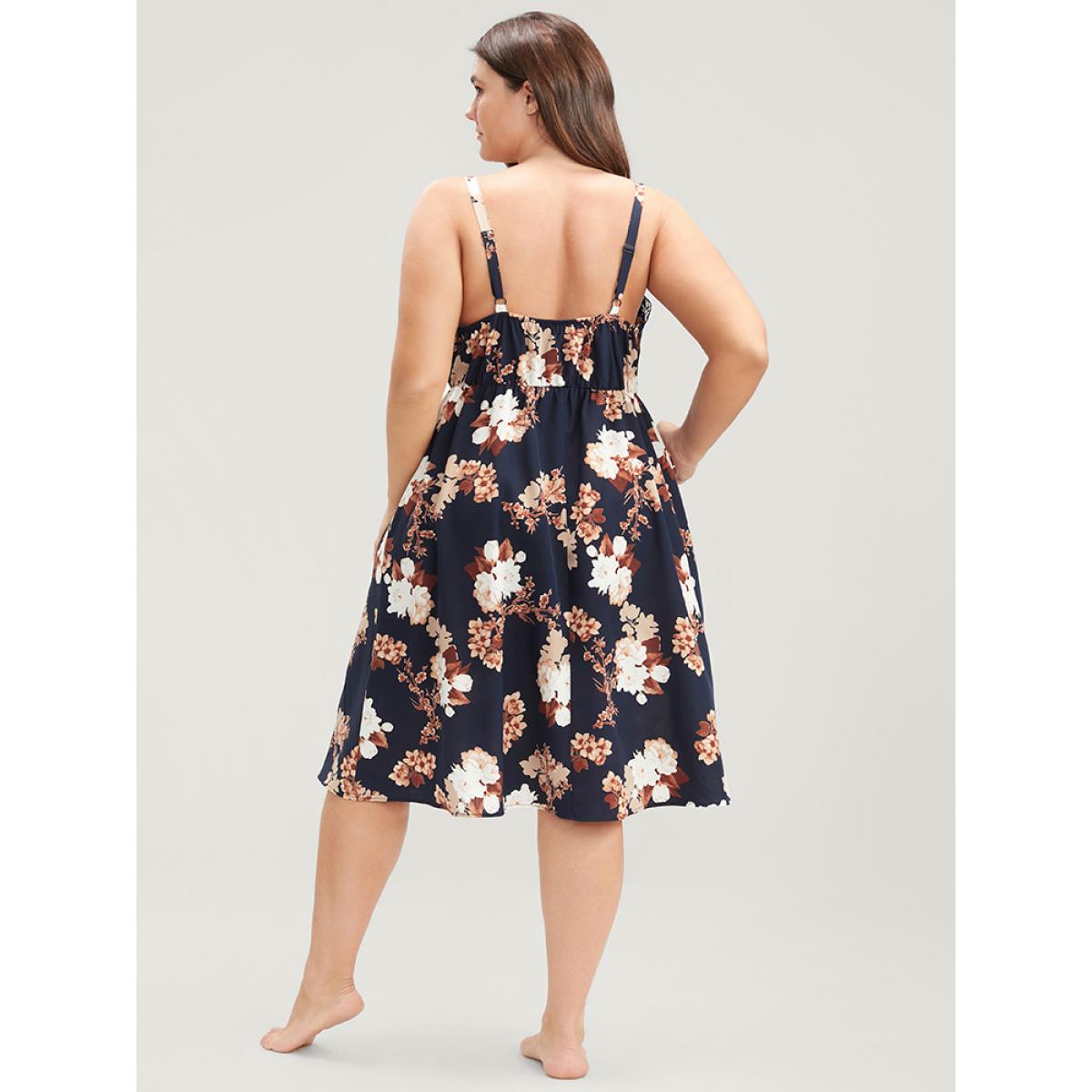 Plus Size Floral Wrap Lace Trim Cami Night Dress Women DarkBlue Elegant Floral Elastic Waist V-neck Loungewear BloomChic 30/6X Product Image