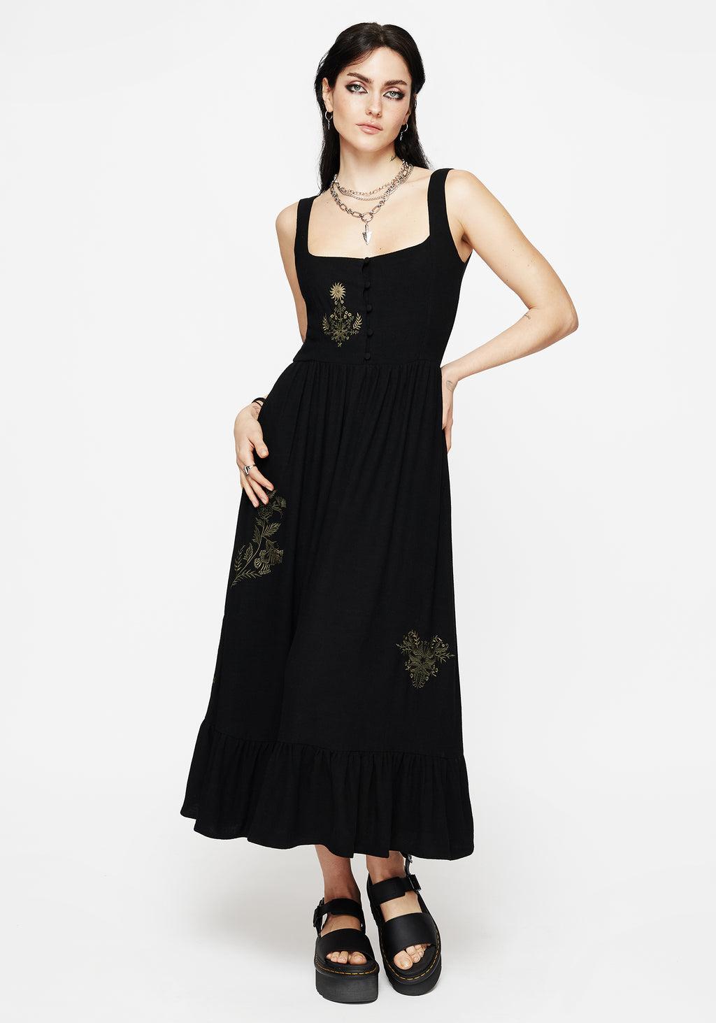 Foliate Linen-Blend Embroidered Sleeveless Midi Dress - Black Product Image
