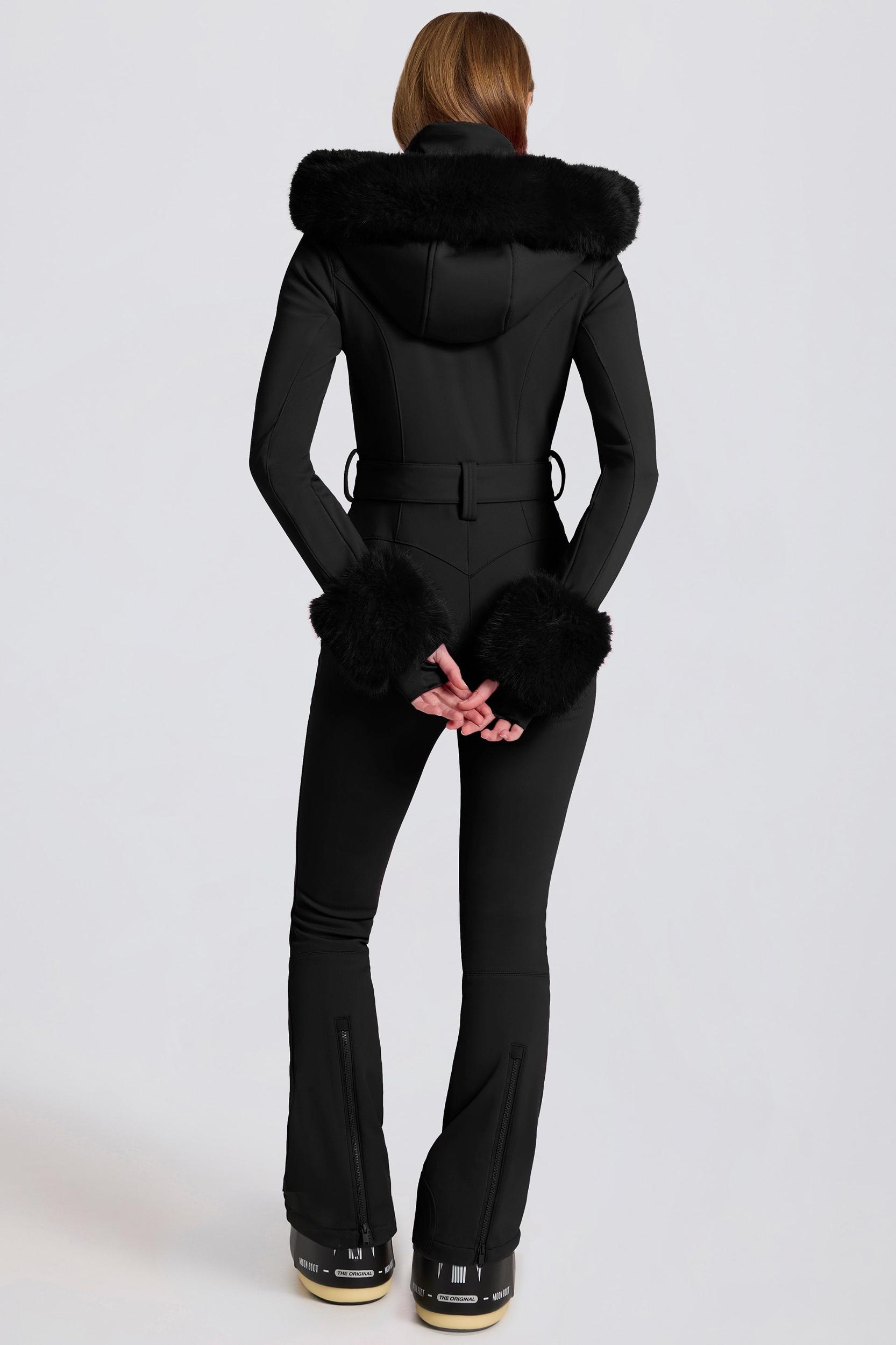 Waterproof Faux-Fur Hood Fitted Ski Suit in Black Product Image