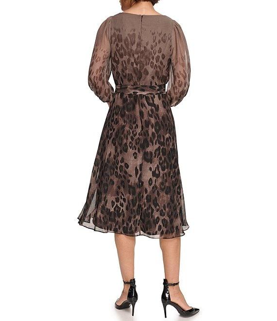 DKNY by Donna Karan Petite Size Leopard Print V-Neckline 3/4 Sleeve Faux Wrap Midi Dress Product Image